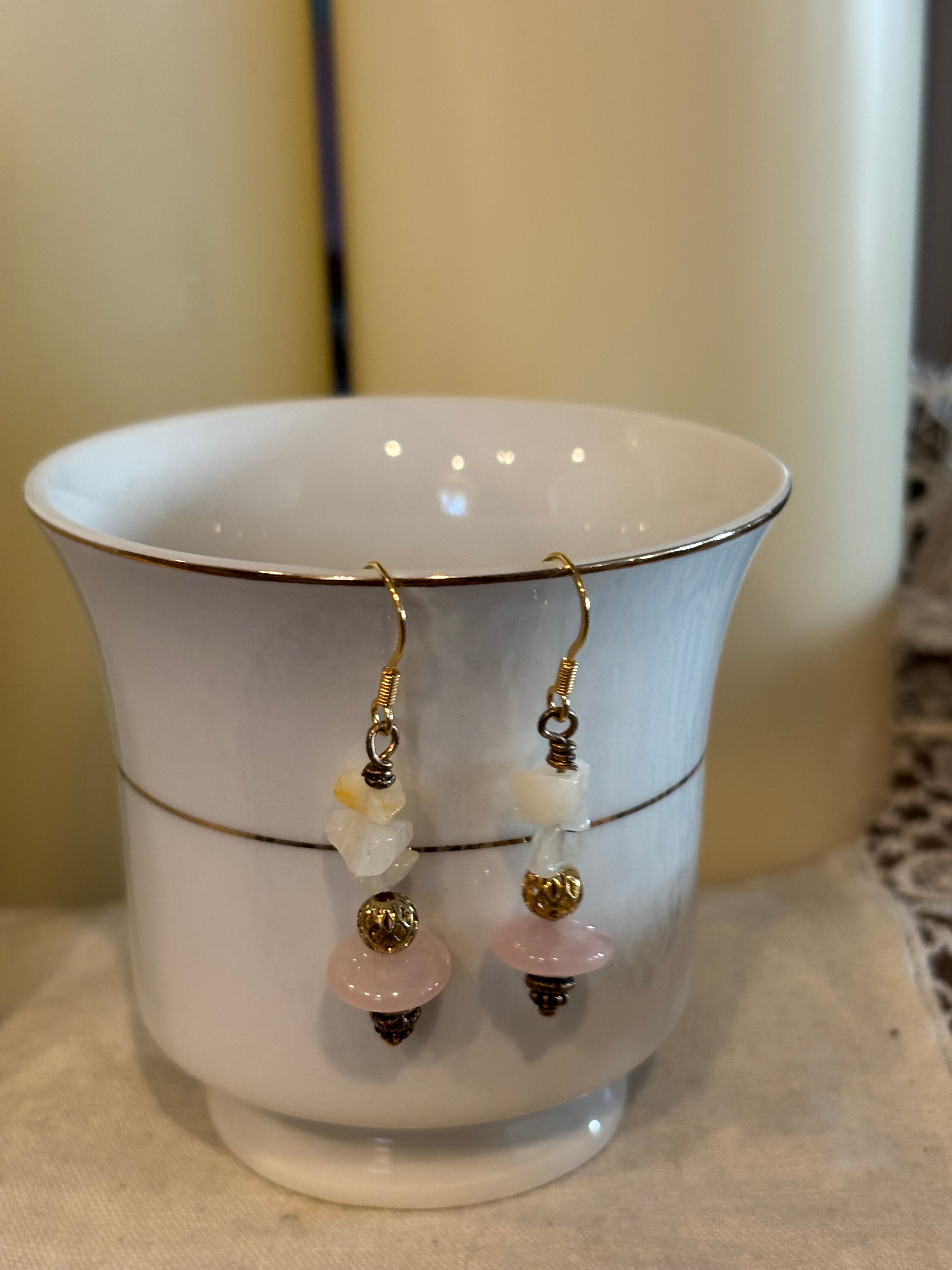 Pineapple Quartz Earrings, Natural Stone Dangle Earrings, Soft Pink and Off-White Gemstone Jewelry, Handmade Gift