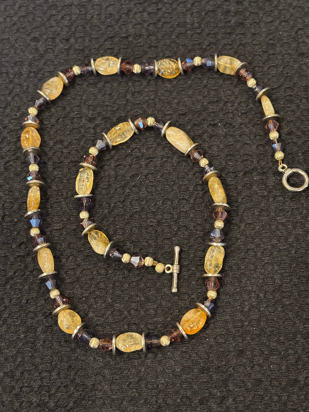 Citrine and Purple Crystal Necklace, Gold Spacer Bead Necklace, Handmade Gemstone Jewelry, Warm Yellow Citrine Necklace, Gift for Her