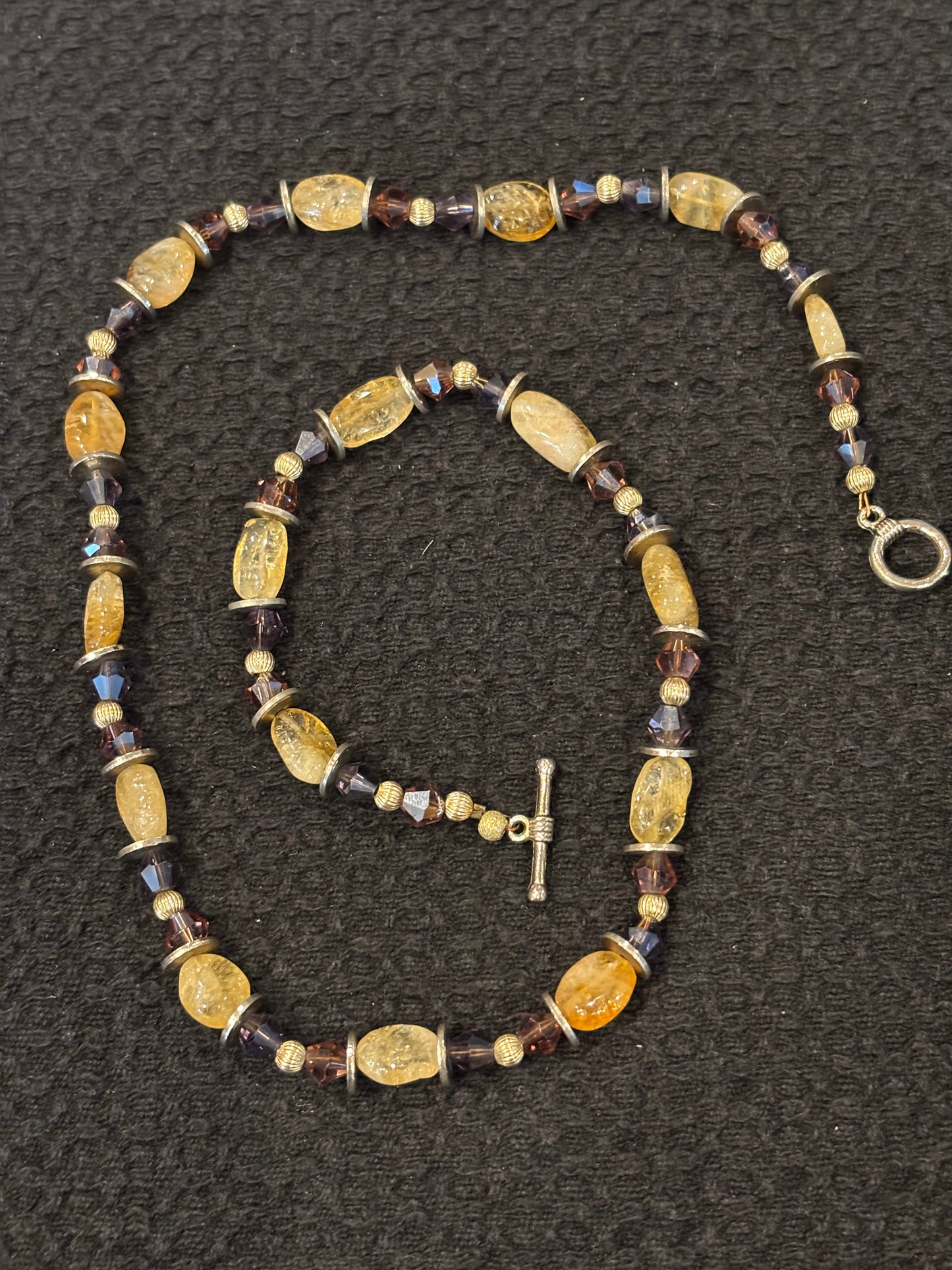 Citrine and Purple Crystal Necklace, Gold Spacer Bead Necklace, Handmade Gemstone Jewelry, Warm Yellow Citrine Necklace, Gift for Her