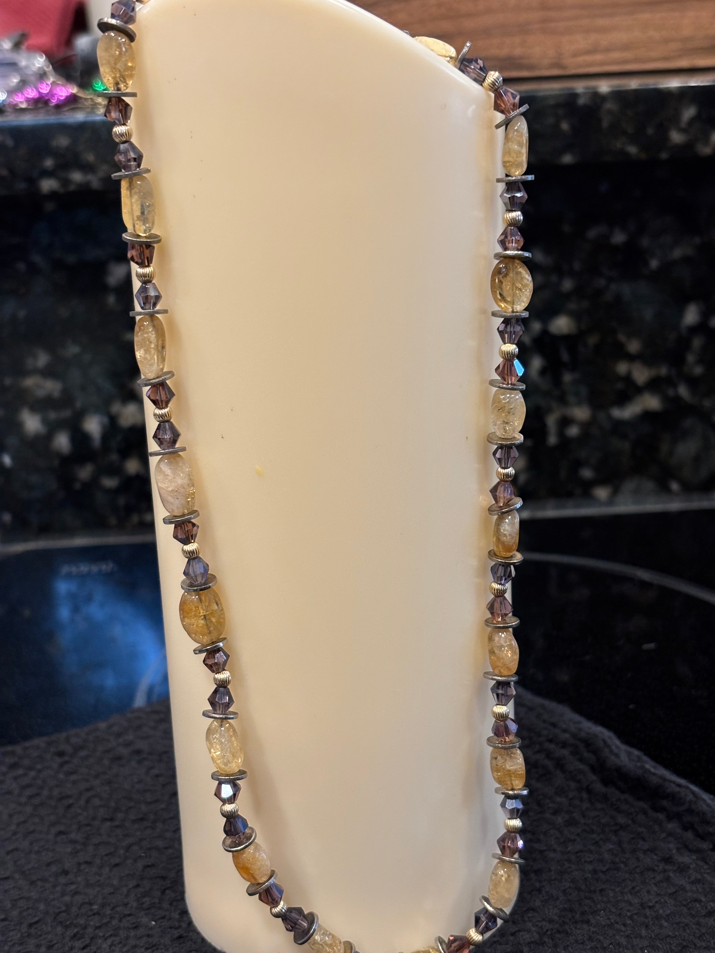 Citrine and Purple Crystal Necklace, Gold Spacer Bead Necklace, Handmade Gemstone Jewelry, Warm Yellow Citrine Necklace, Gift for Her