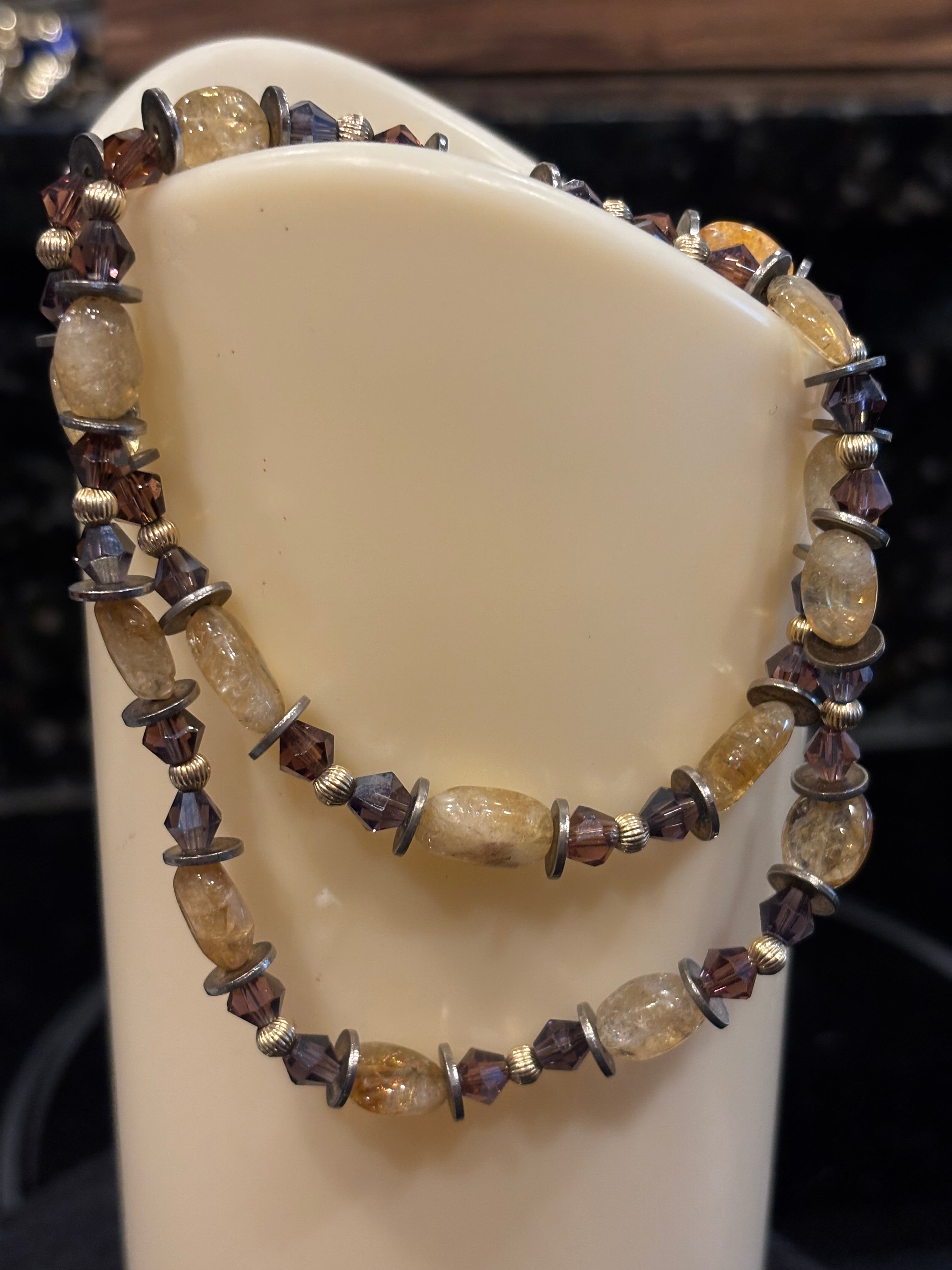 Citrine and Purple Crystal Necklace, Gold Spacer Bead Necklace, Handmade Gemstone Jewelry, Warm Yellow Citrine Necklace, Gift for Her