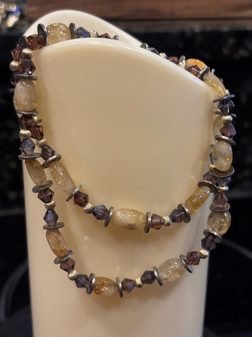 Citrine and Purple Crystal Necklace, Gold Spacer Bead Necklace, Handmade Gemstone Jewelry, Warm Yellow Citrine Necklace, Gift for Her
