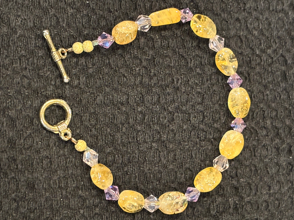 Citrine and Light Purple Crystal Bracelet, 7.25 Inch Gemstone Bracelet, Yellow Citrine Bracelet with Bicone Crystals, Handmade Jewelry Gift