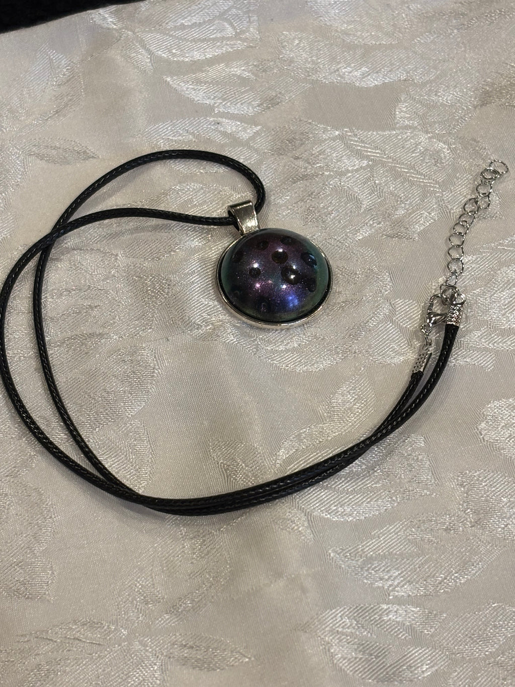 Galaxy Resin Choker Necklace, 18 Inch Celestial Pendant on Black Waxed Cotton Cord with Extender, Space Inspired Jewelry