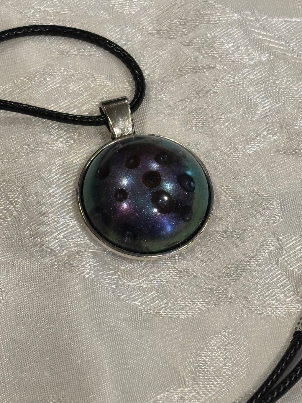 Galaxy Resin Choker Necklace, 18 Inch Celestial Pendant on Black Waxed Cotton Cord with Extender, Space Inspired Jewelry