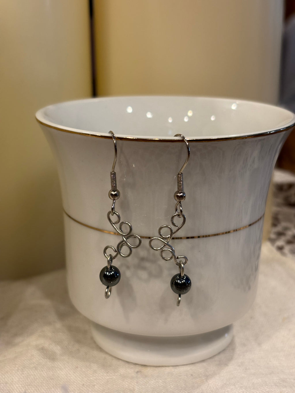 Hand Wired Hematite Dangle Earrings, Minimalist Silver Wire Earrings, Modern Artisan Jewelry, Grounding Stone Gift
