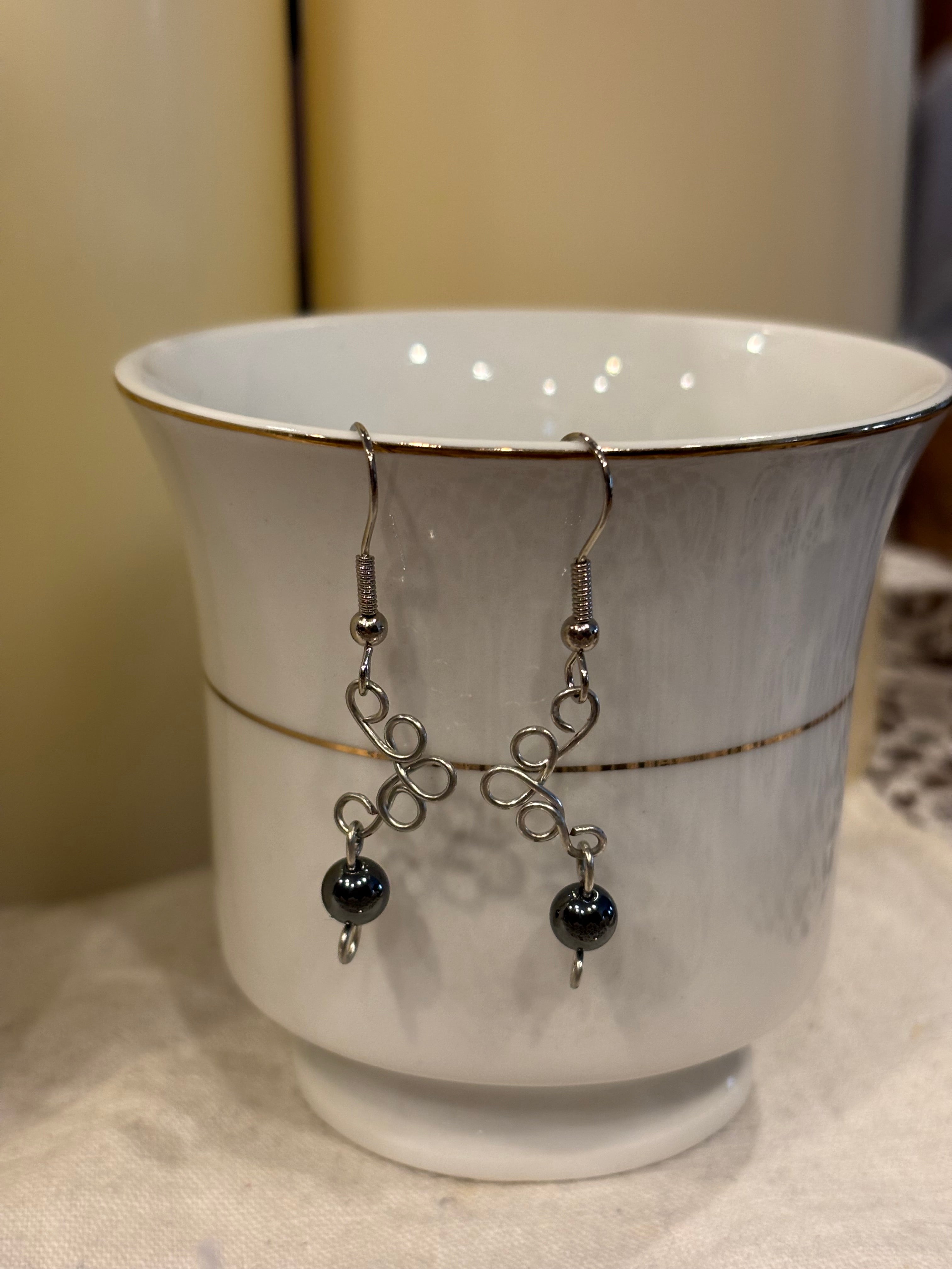 Hand Wired Hematite Dangle Earrings, Minimalist Silver Wire Earrings, Modern Artisan Jewelry, Grounding Stone Gift