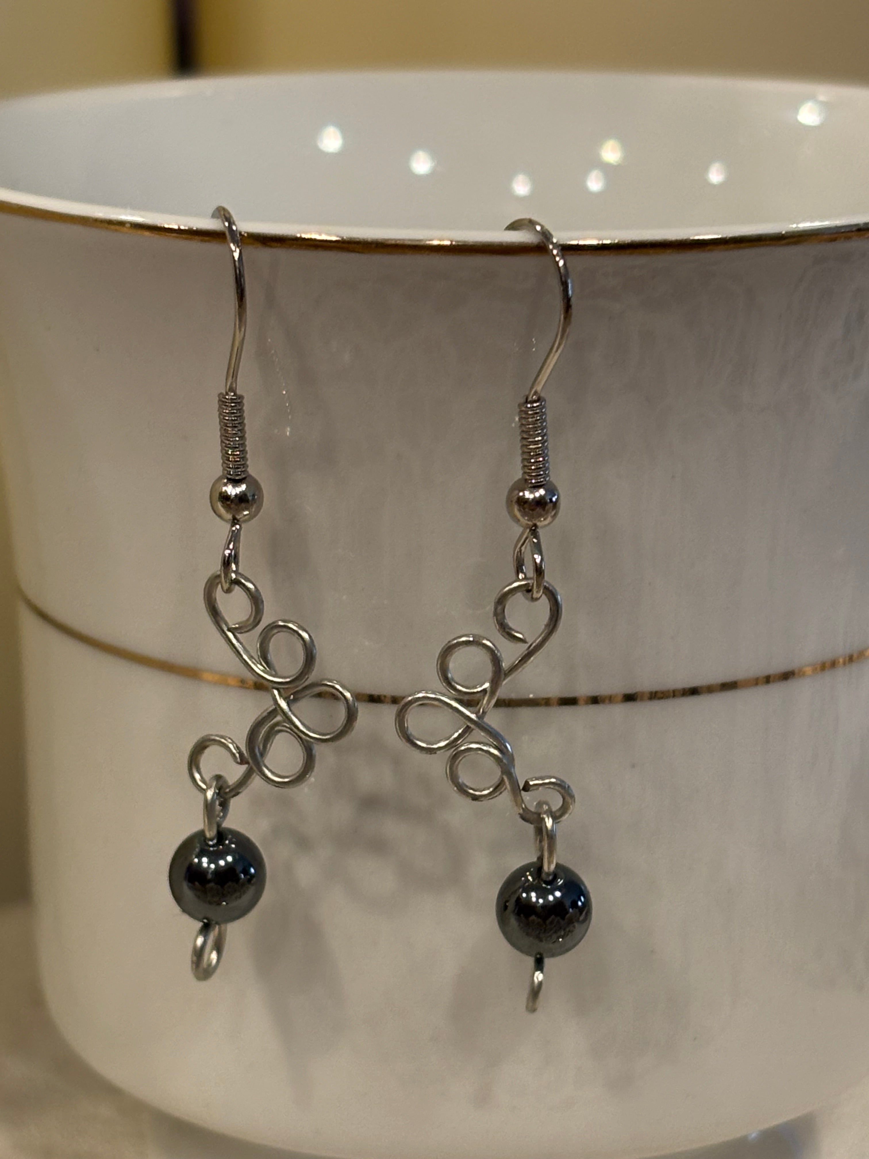 Hand Wired Hematite Dangle Earrings, Minimalist Silver Wire Earrings, Modern Artisan Jewelry, Grounding Stone Gift