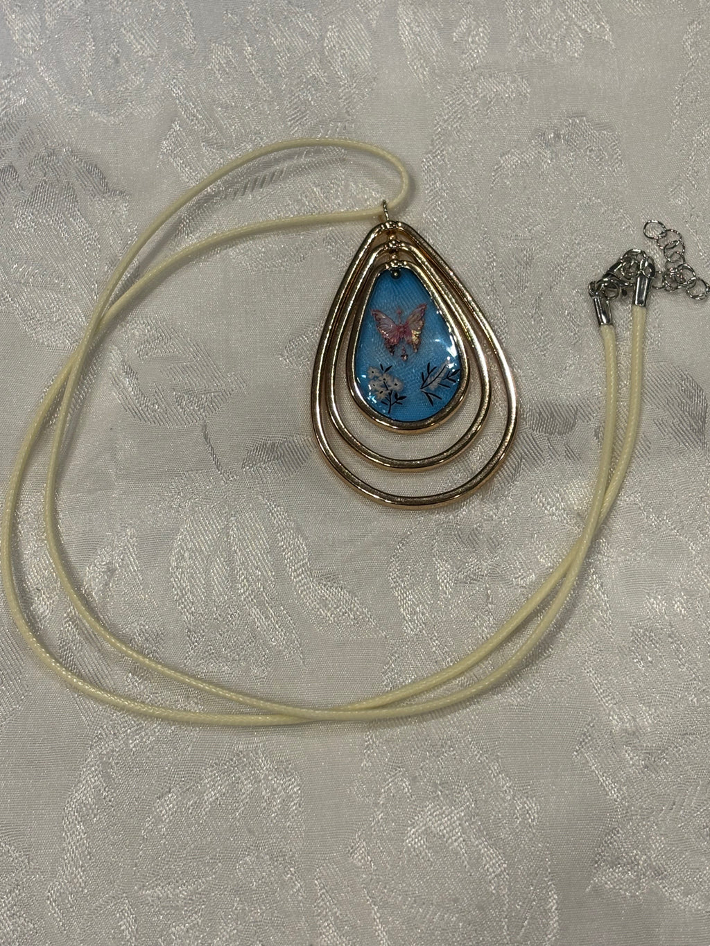 Tiered Teardrop Butterfly Resin Pendant Necklace, 24 Inch Waxed Cotton Cord Necklace, Nature Inspired Butterfly Jewelry with Extender