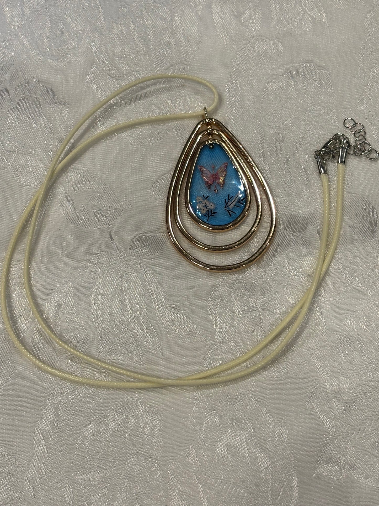 Tiered Teardrop Butterfly Resin Pendant Necklace, 24 Inch Waxed Cotton Cord Necklace, Nature Inspired Butterfly Jewelry with Extender