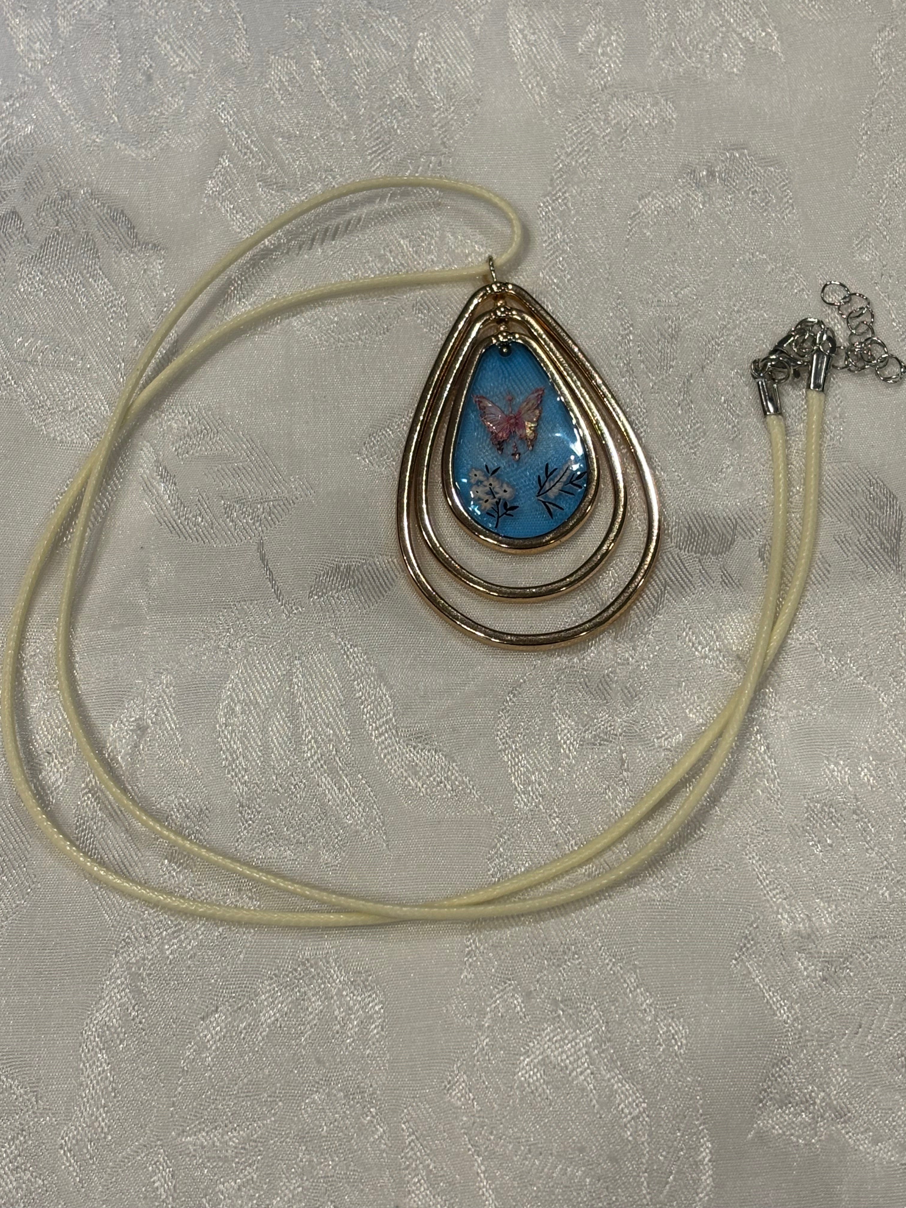 Tiered Teardrop Butterfly Resin Pendant Necklace, 24 Inch Waxed Cotton Cord Necklace, Nature Inspired Butterfly Jewelry with Extender