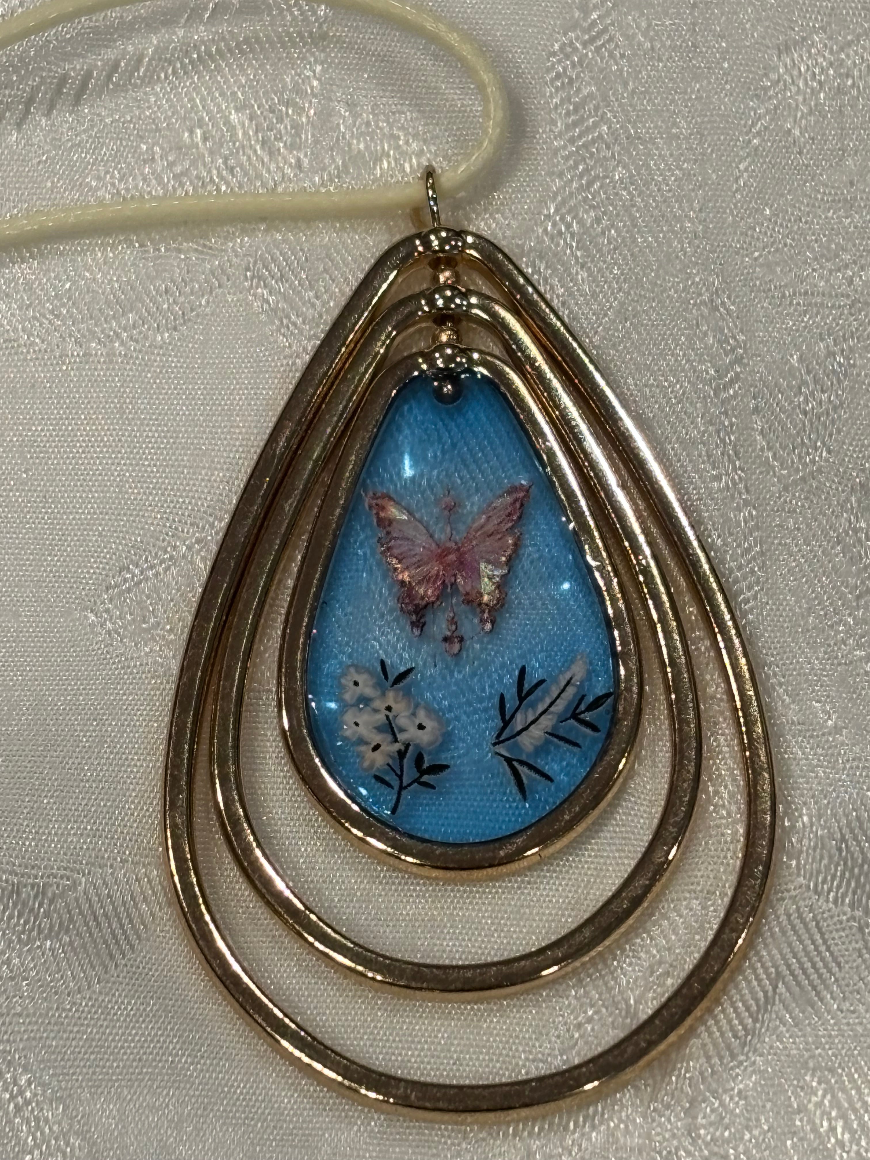 Tiered Teardrop Butterfly Resin Pendant Necklace, 24 Inch Waxed Cotton Cord Necklace, Nature Inspired Butterfly Jewelry with Extender