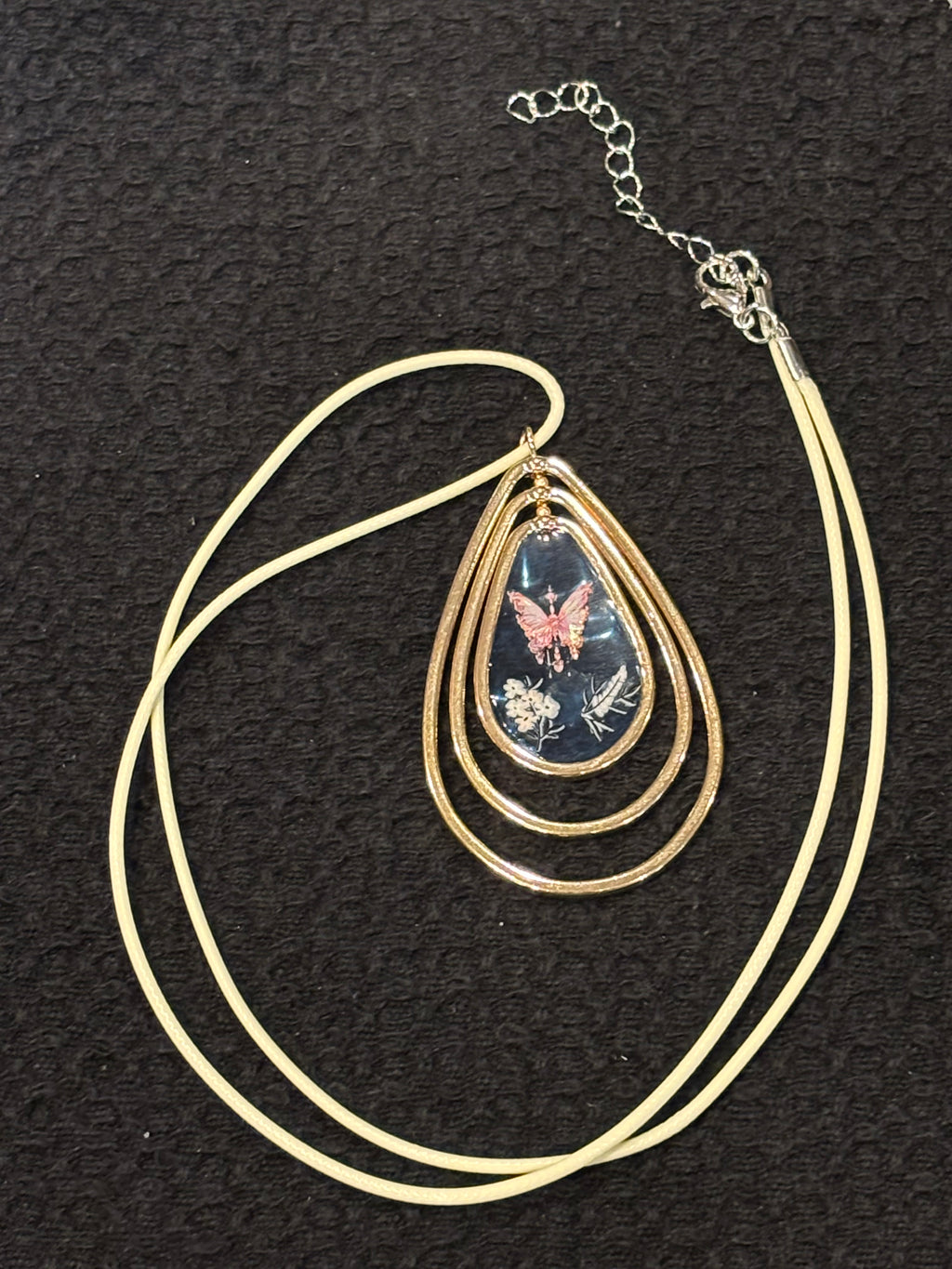 Tiered Teardrop Butterfly Resin Pendant Necklace, 24 Inch Waxed Cotton Cord Necklace, Nature Inspired Butterfly Jewelry with Extender