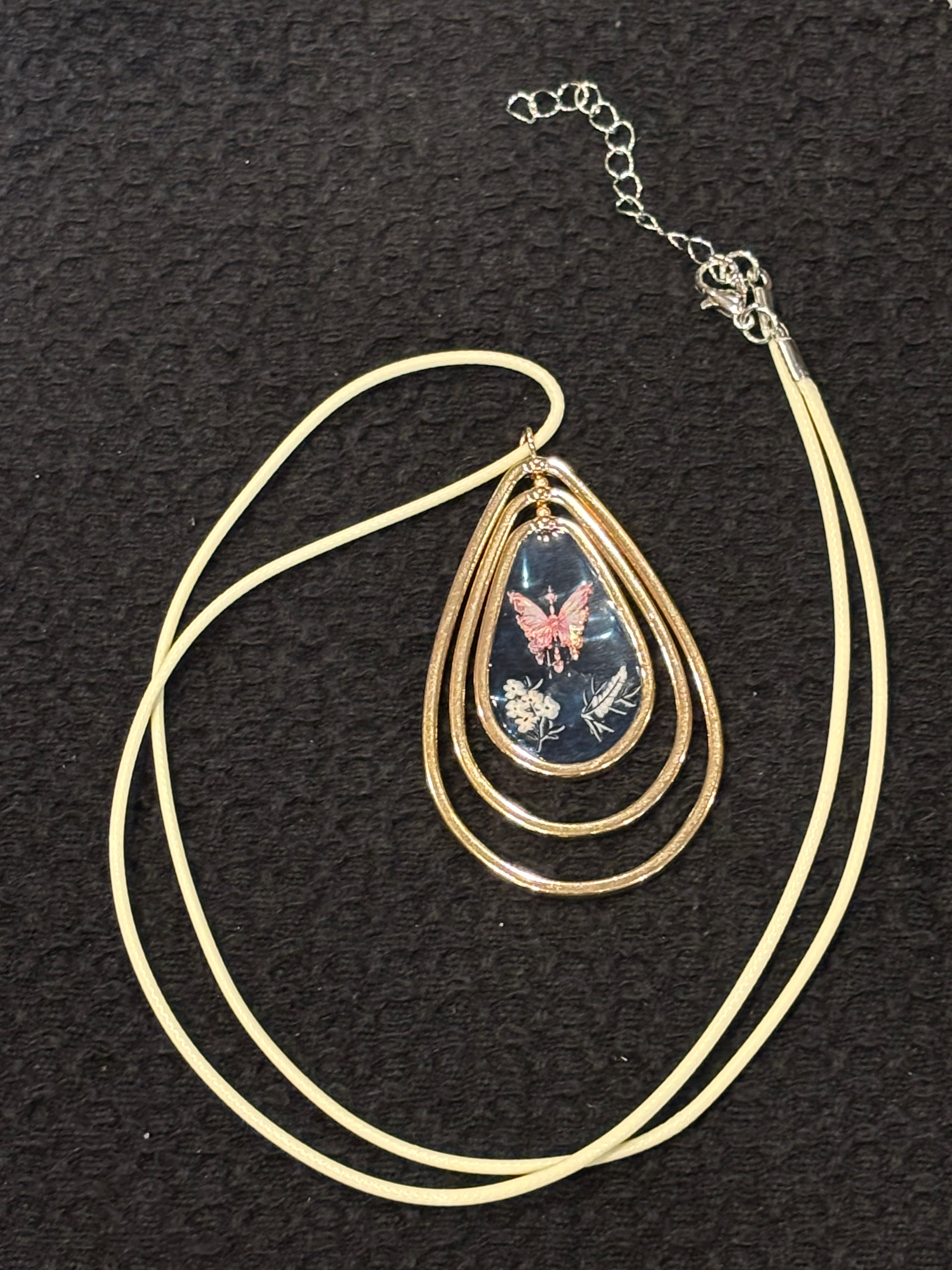 Tiered Teardrop Butterfly Resin Pendant Necklace, 24 Inch Waxed Cotton Cord Necklace, Nature Inspired Butterfly Jewelry with Extender