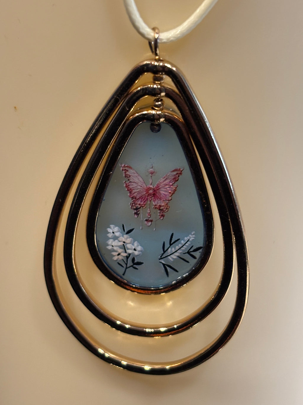 Tiered Teardrop Butterfly Resin Pendant Necklace, 24 Inch Waxed Cotton Cord Necklace, Nature Inspired Butterfly Jewelry with Extender