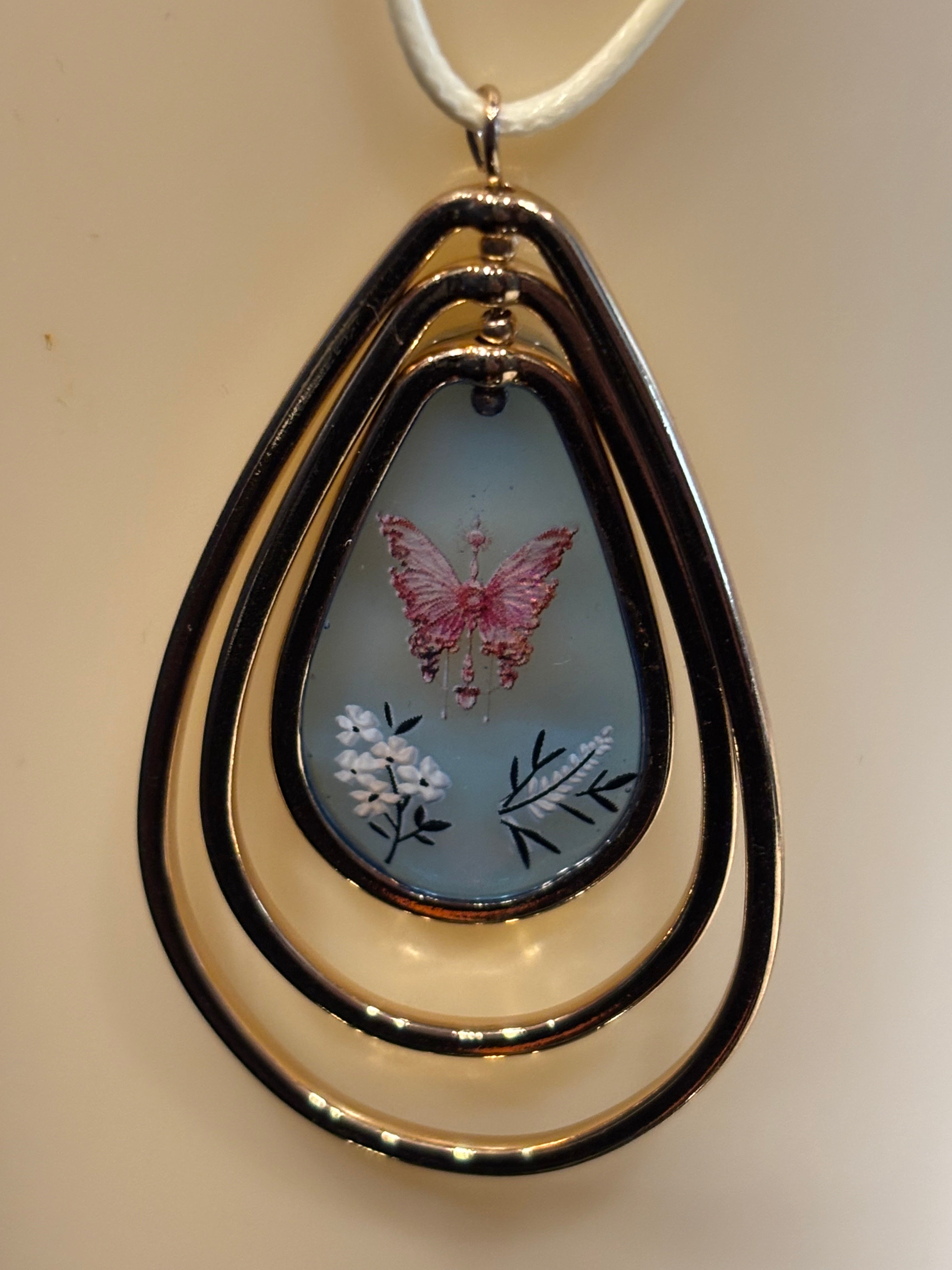 Tiered Teardrop Butterfly Resin Pendant Necklace, 24 Inch Waxed Cotton Cord Necklace, Nature Inspired Butterfly Jewelry with Extender