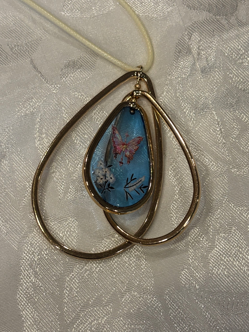 Tiered Teardrop Butterfly Resin Pendant Necklace, 24 Inch Waxed Cotton Cord Necklace, Nature Inspired Butterfly Jewelry with Extender