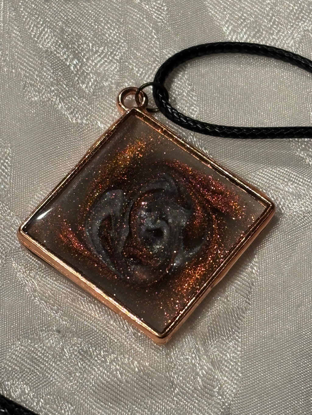 Copper Cat’s Eye Resin Pendant Necklace, 18 Inch Black Waxed Cotton Cord Necklace, Copper Tone Swirl Jewelry with Extender Chain