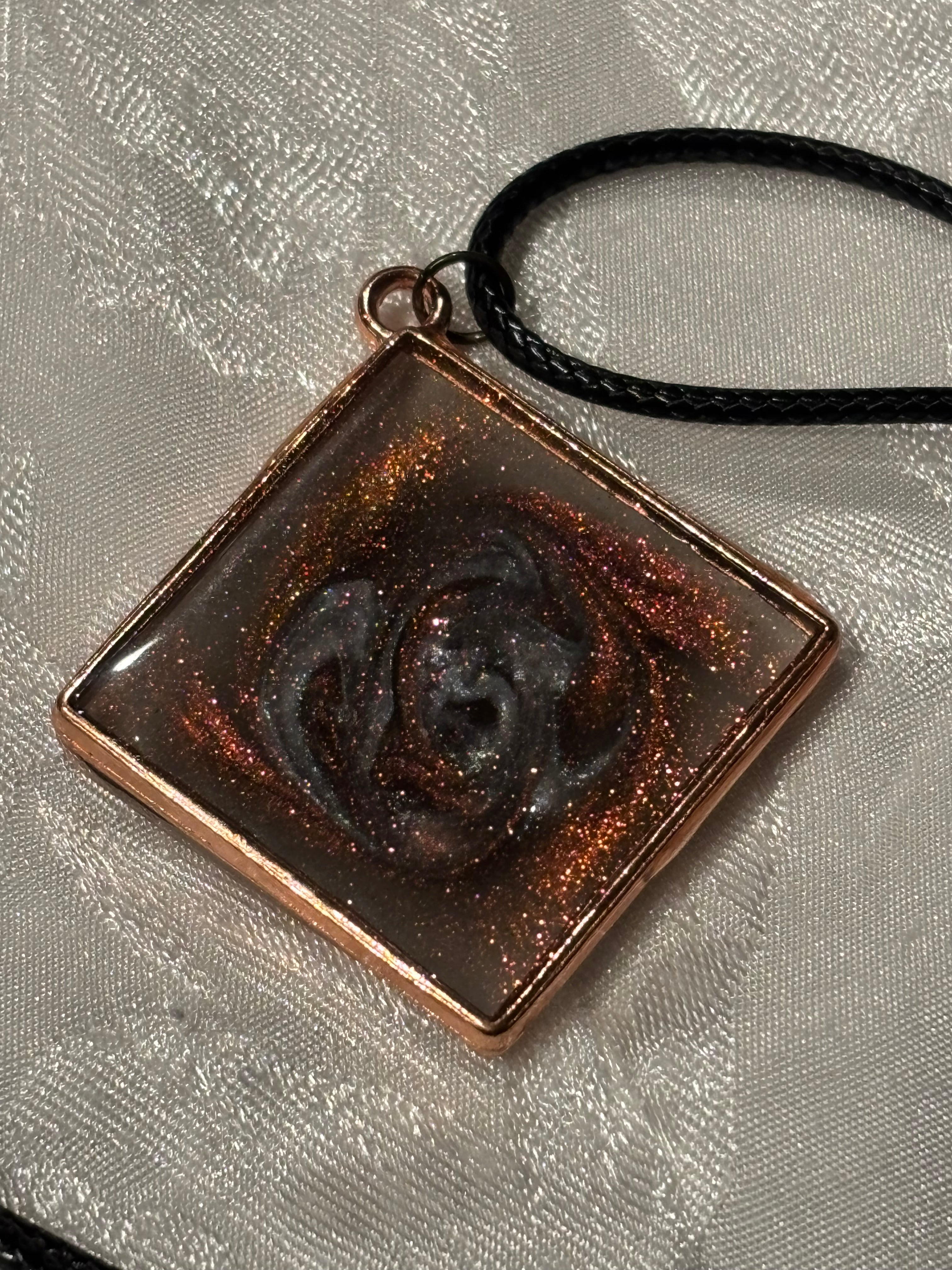 Copper Cat’s Eye Resin Pendant Necklace, 18 Inch Black Waxed Cotton Cord Necklace, Copper Tone Swirl Jewelry with Extender Chain