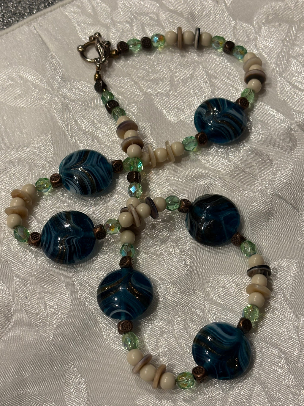 Water Inspired Aqua Glass Necklace, 20 Inch Ocean Style Necklace with Shell Spacer Beads, Blue Green Coastal Jewelry