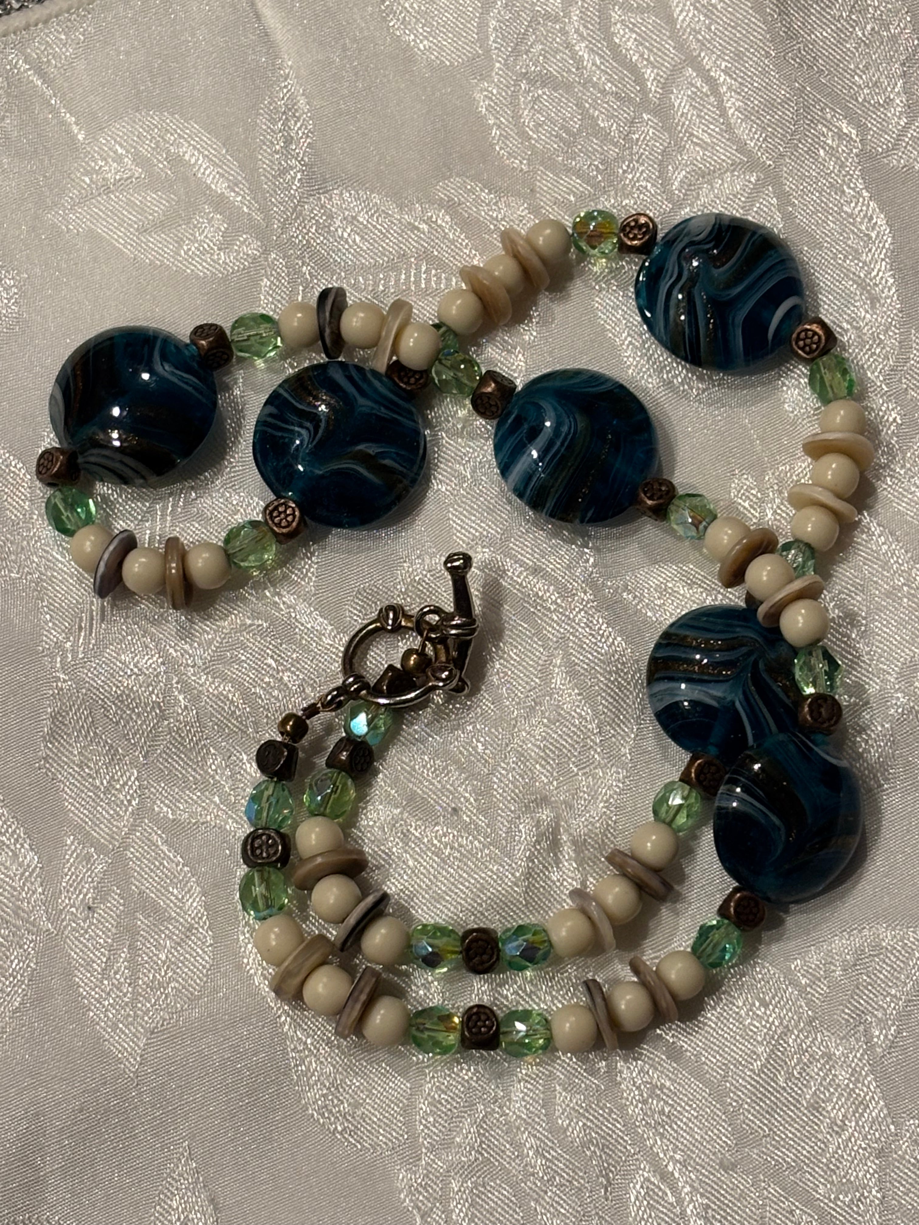 Water Inspired Aqua Glass Necklace, 20 Inch Ocean Style Necklace with Shell Spacer Beads, Blue Green Coastal Jewelry