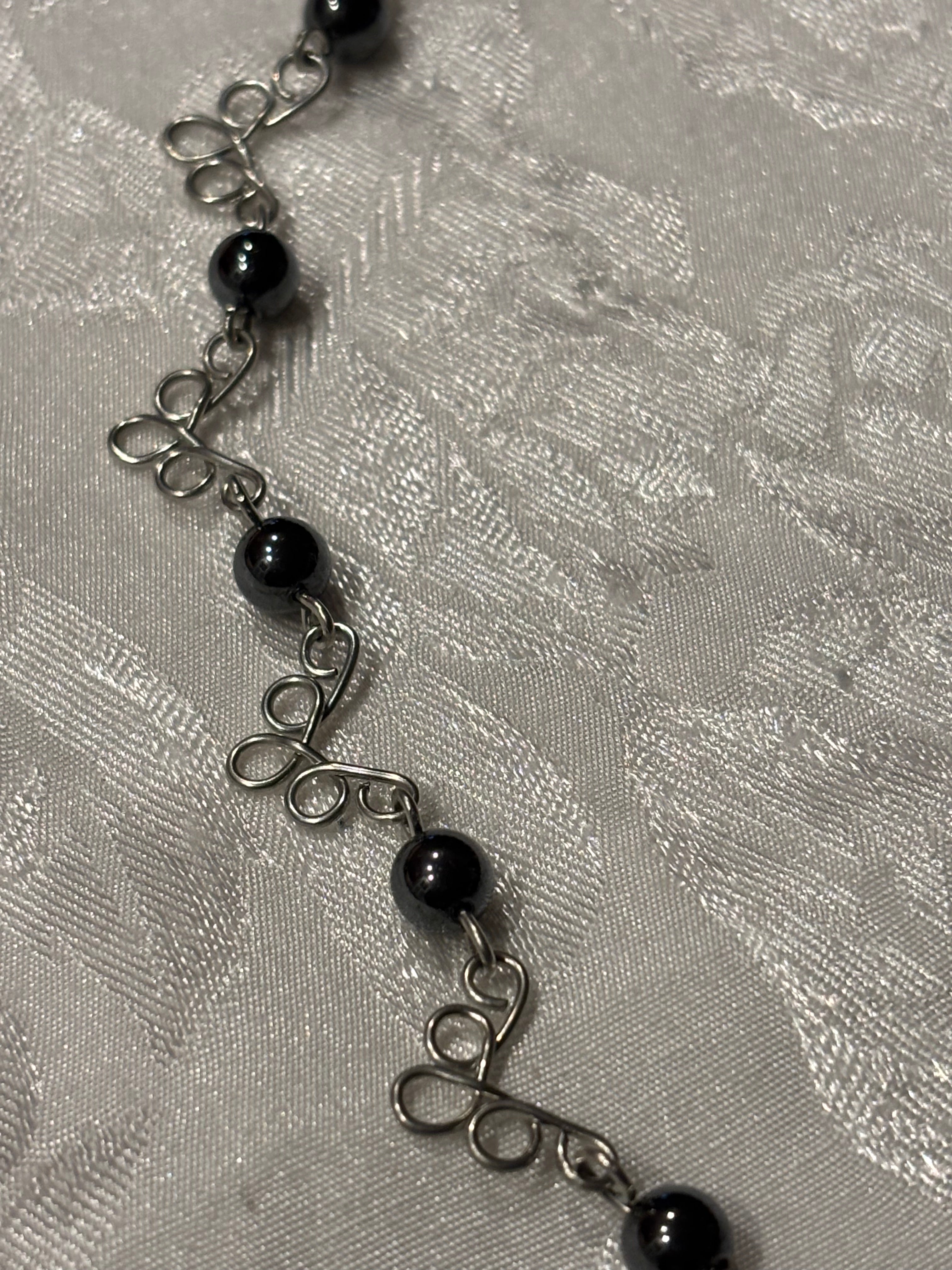 Hand Wired Hematite Necklace, 16 Inch Black Stone Necklace with Silver Wire Loops, Minimalist Artisan Jewelry