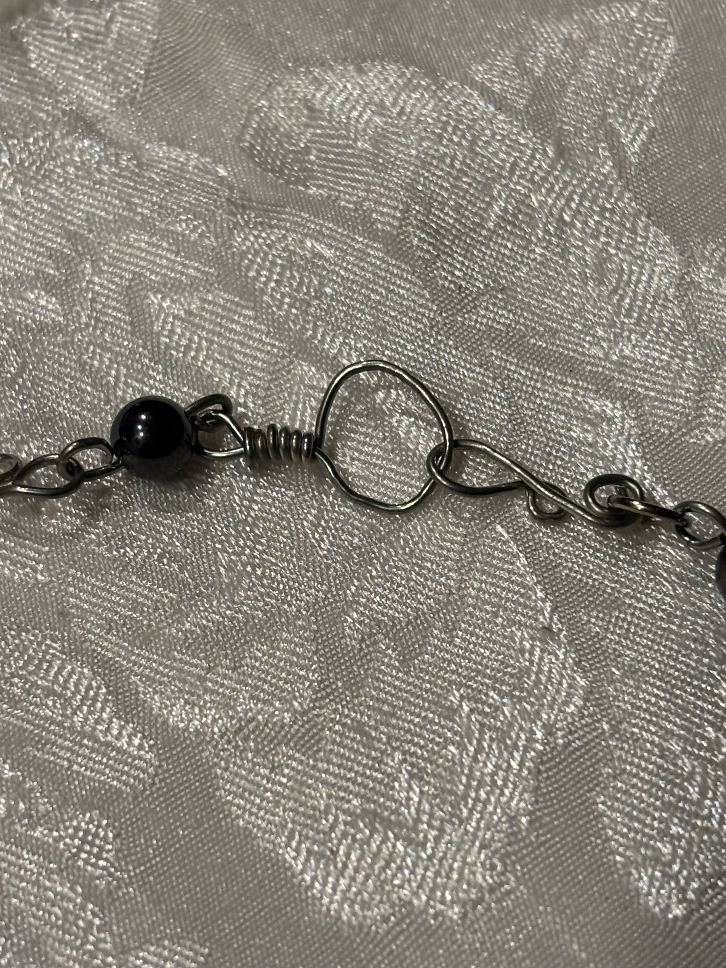 Hand Wired Hematite Necklace, 16 Inch Black Stone Necklace with Silver Wire Loops, Minimalist Artisan Jewelry