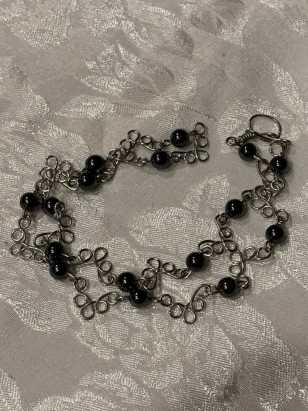 Hand Wired Hematite Necklace, 16 Inch Black Stone Necklace with Silver Wire Loops, Minimalist Artisan Jewelry