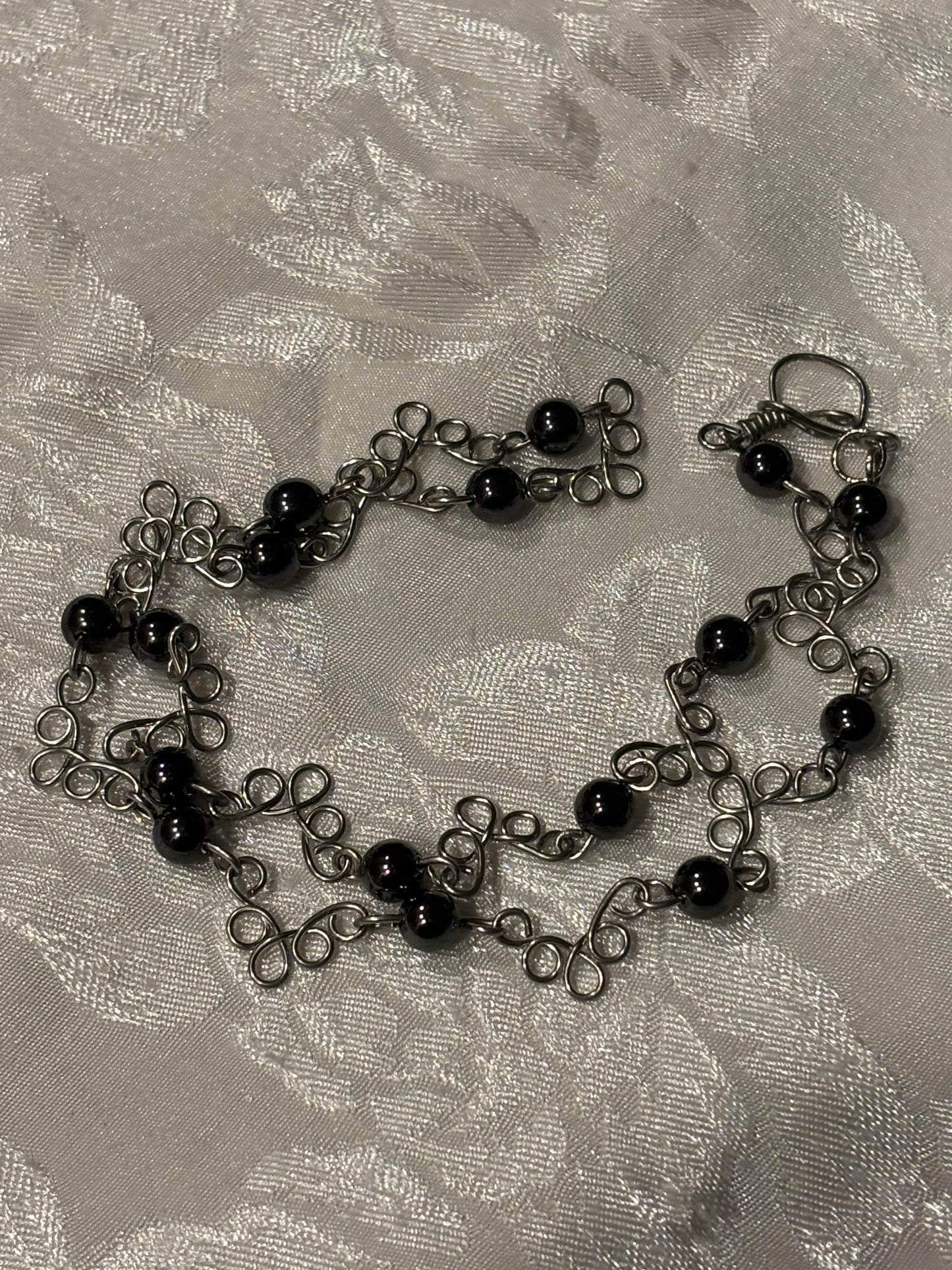 Hand Wired Hematite Necklace, 16 Inch Black Stone Necklace with Silver Wire Loops, Minimalist Artisan Jewelry