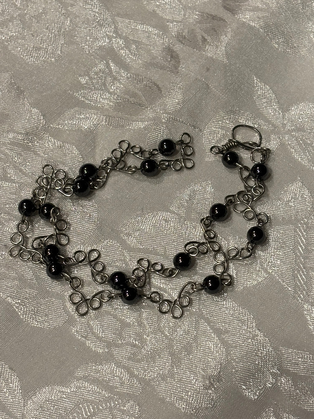 Hand Wired Hematite Necklace, 16 Inch Black Stone Necklace with Silver Wire Loops, Minimalist Artisan Jewelry