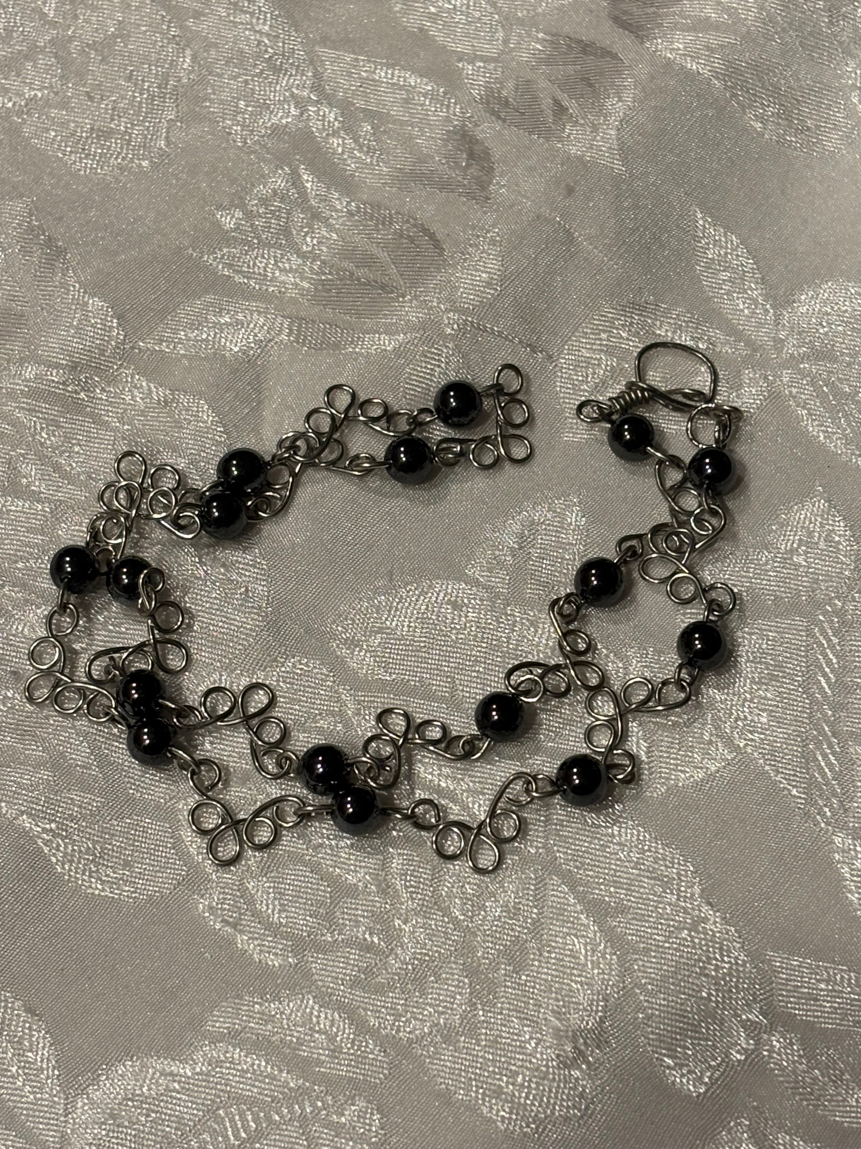 Hand Wired Hematite Necklace, 16 Inch Black Stone Necklace with Silver Wire Loops, Minimalist Artisan Jewelry