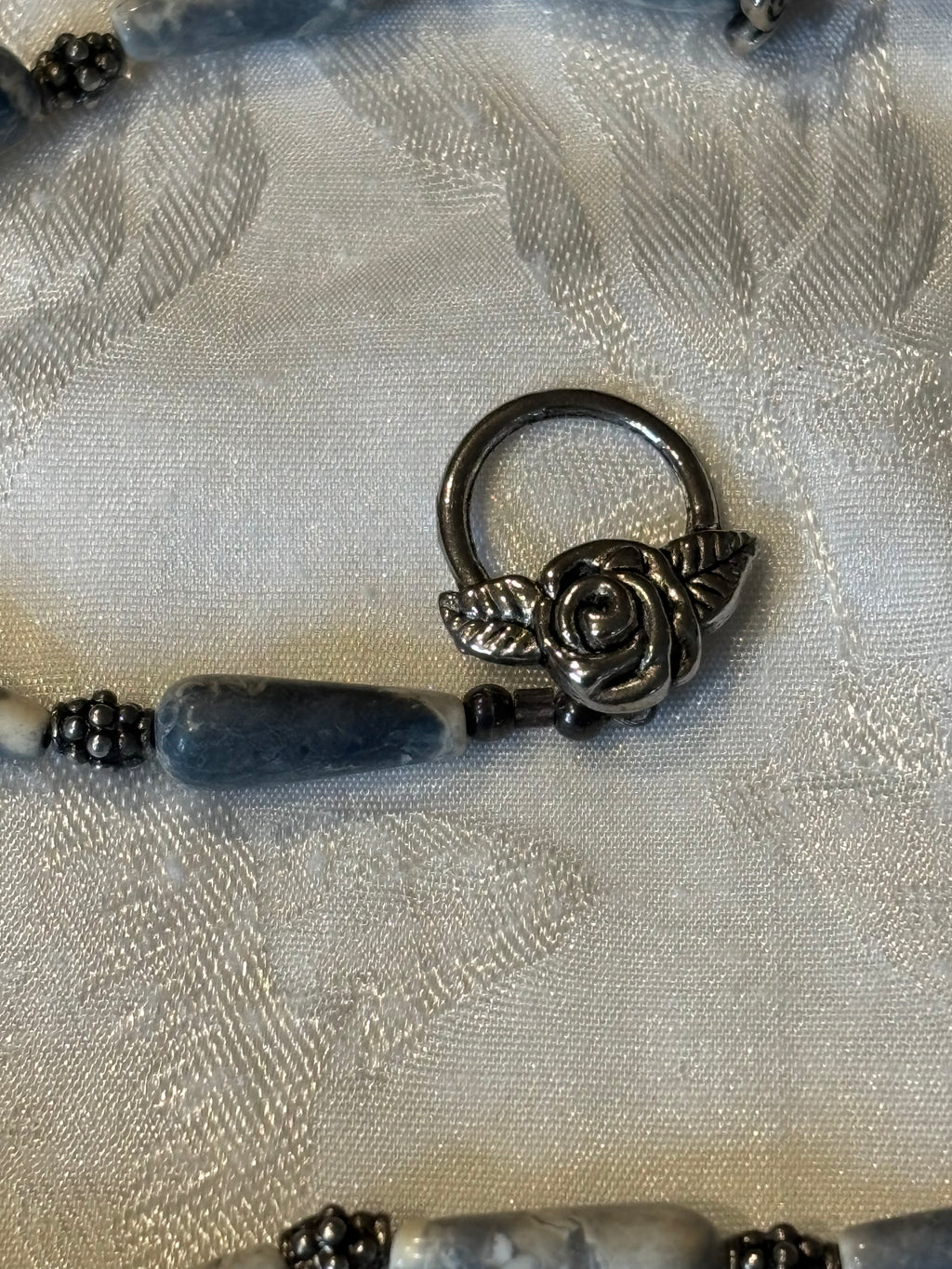 Antiqued Denim Lapis Necklace, 20 Inch Teardrop Stone Necklace with Metal Spacers, Rose Toggle Clasp, Boho Statement Jewelry