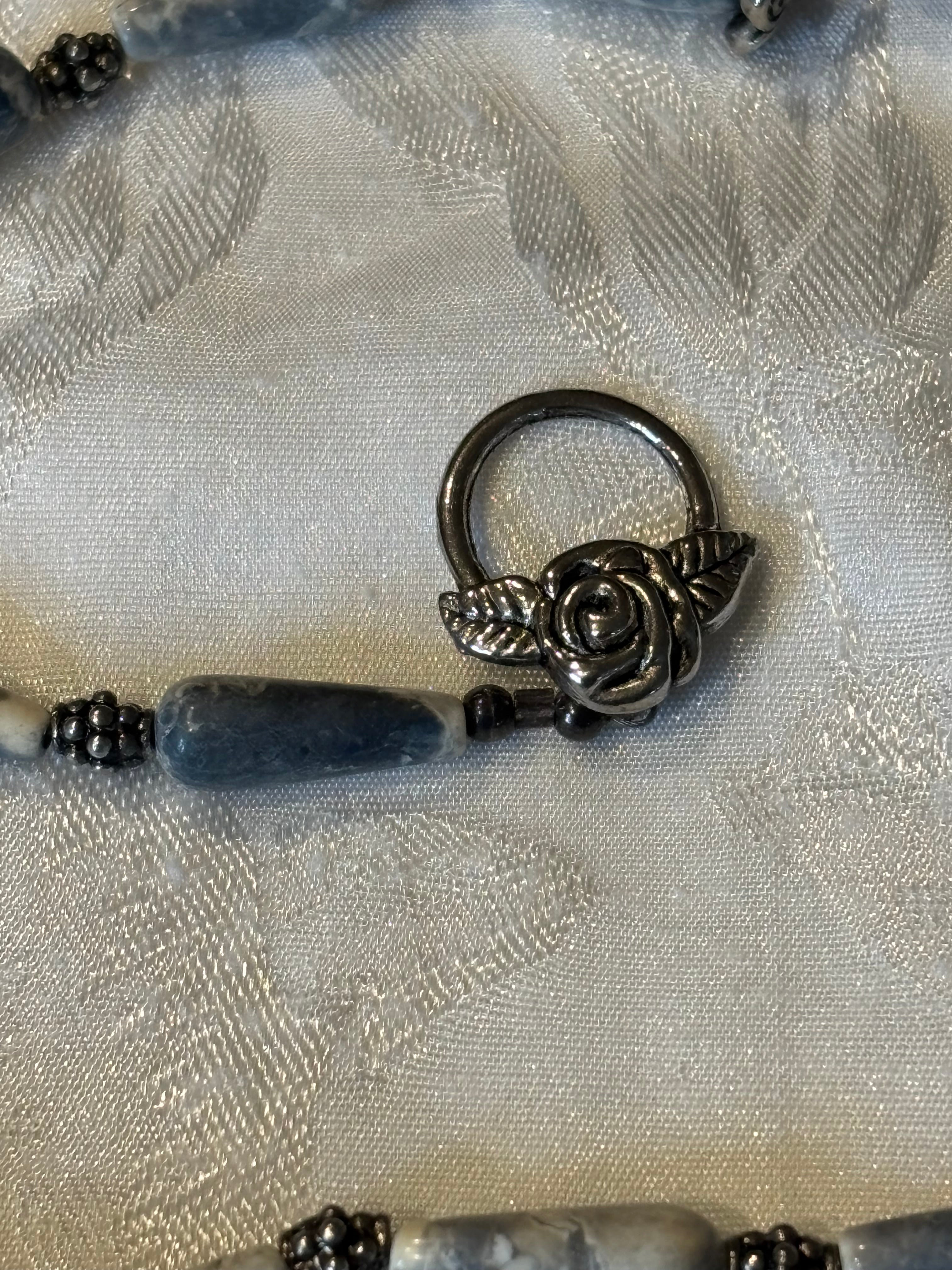 Antiqued Denim Lapis Necklace, 20 Inch Teardrop Stone Necklace with Metal Spacers, Rose Toggle Clasp, Boho Statement Jewelry