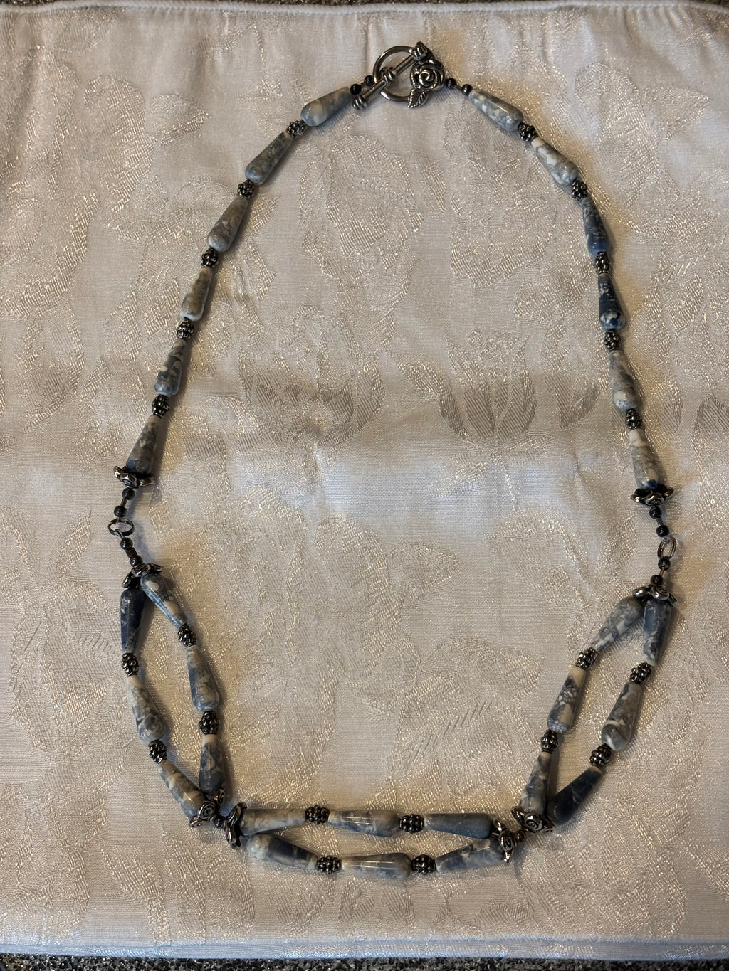 Antiqued Denim Lapis Necklace, 20 Inch Teardrop Stone Necklace with Metal Spacers, Rose Toggle Clasp, Boho Statement Jewelry