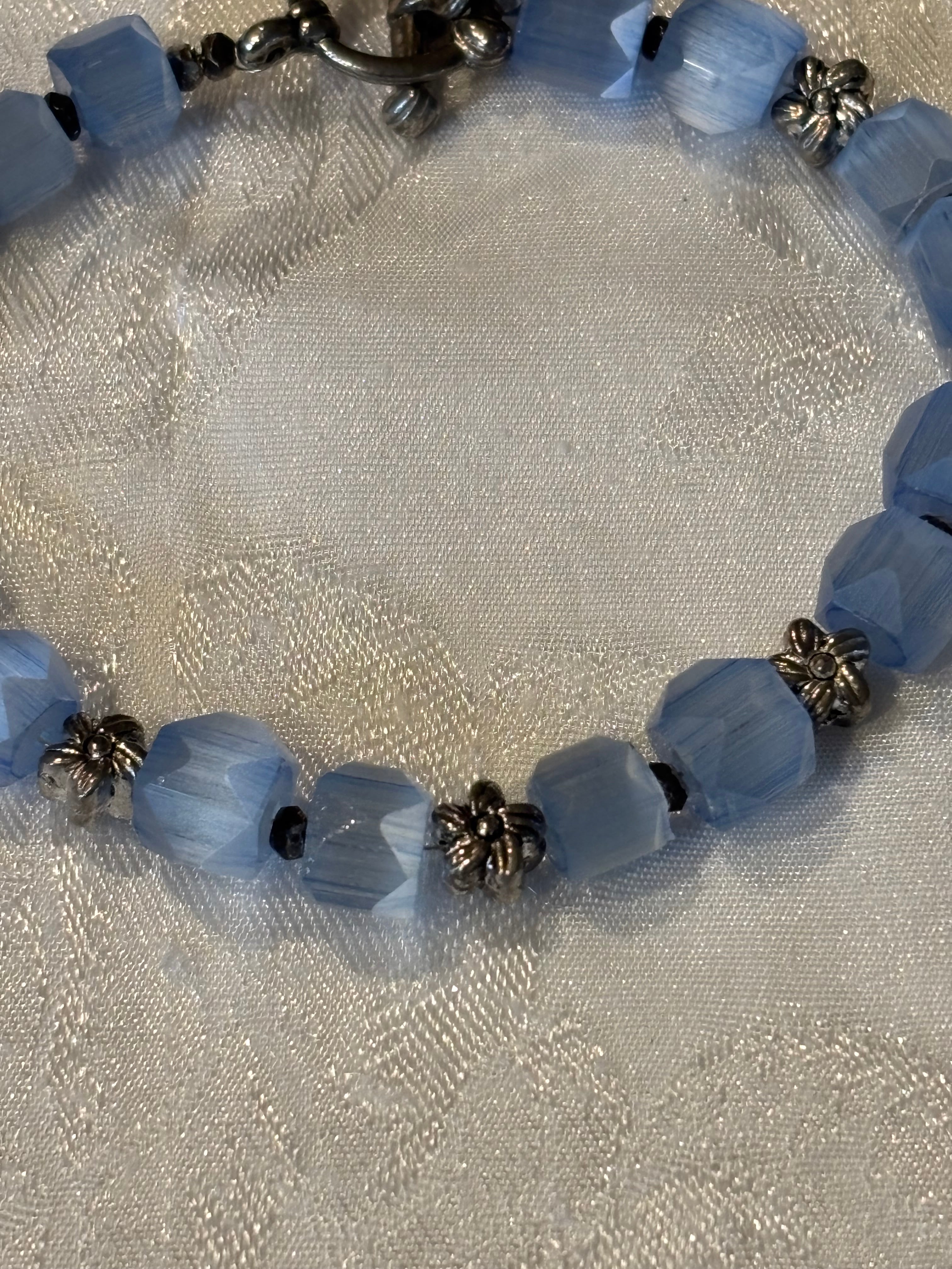 Upcycled Vintage Glass Bracelet, 7 Inch Blue Faceted Bead Bracelet with Metal Flower Spacers, Toggle Clasp