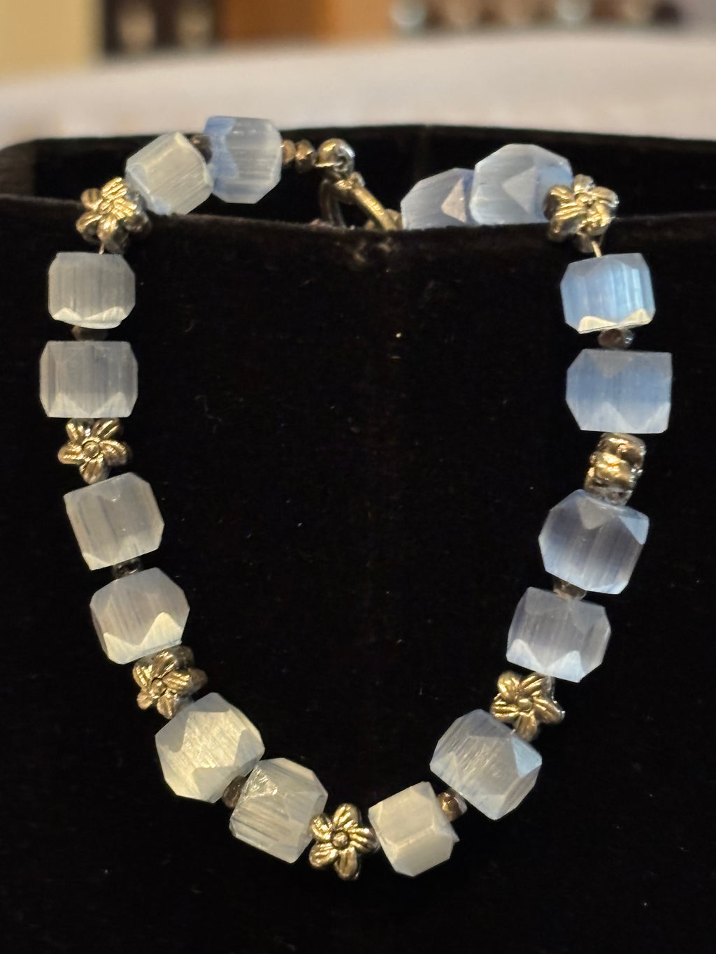 Upcycled Vintage Glass Bracelet, 7 Inch Blue Faceted Bead Bracelet with Metal Flower Spacers, Toggle Clasp