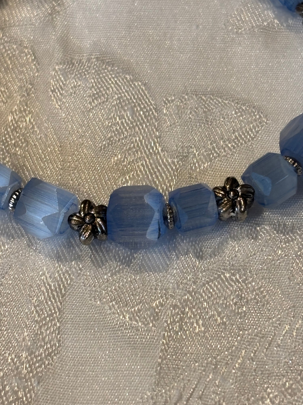 Upcycled Vintage Glass Bracelet, 7 Inch Blue Faceted Bead Bracelet with Metal Flower Spacers, Toggle Clasp