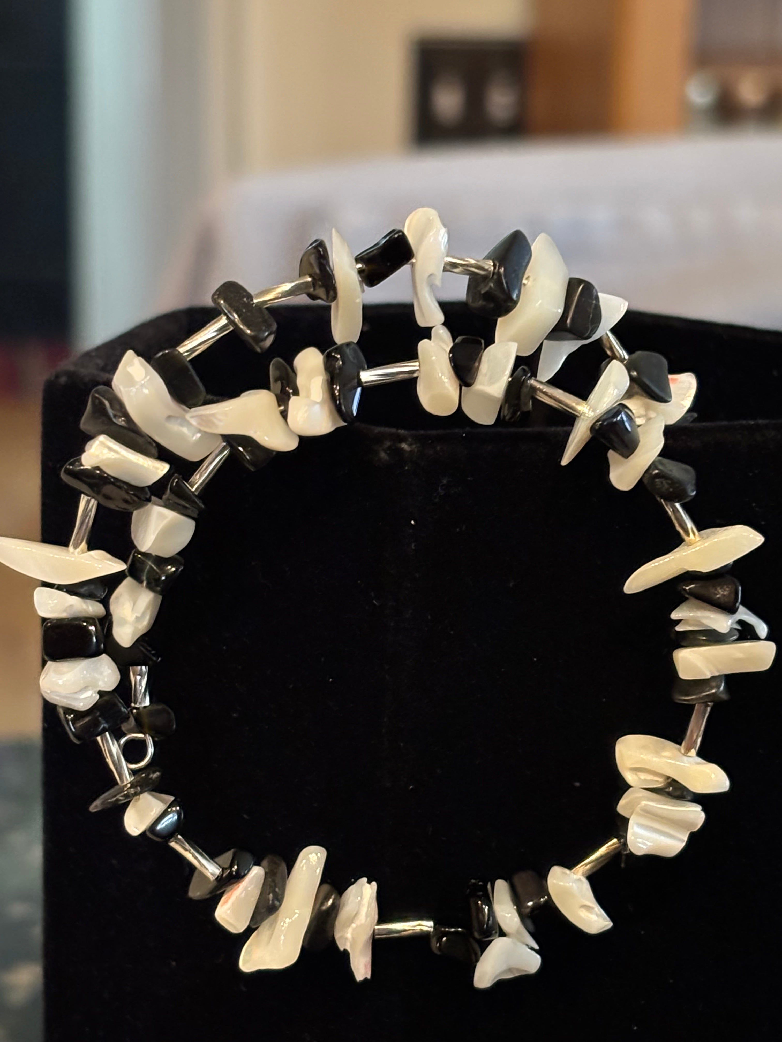 Onyx & Mother of Pearl Wrap Bracelet, Black and White Chip Bracelet with Silver Tube Spacers, Boho Layered Bracelet