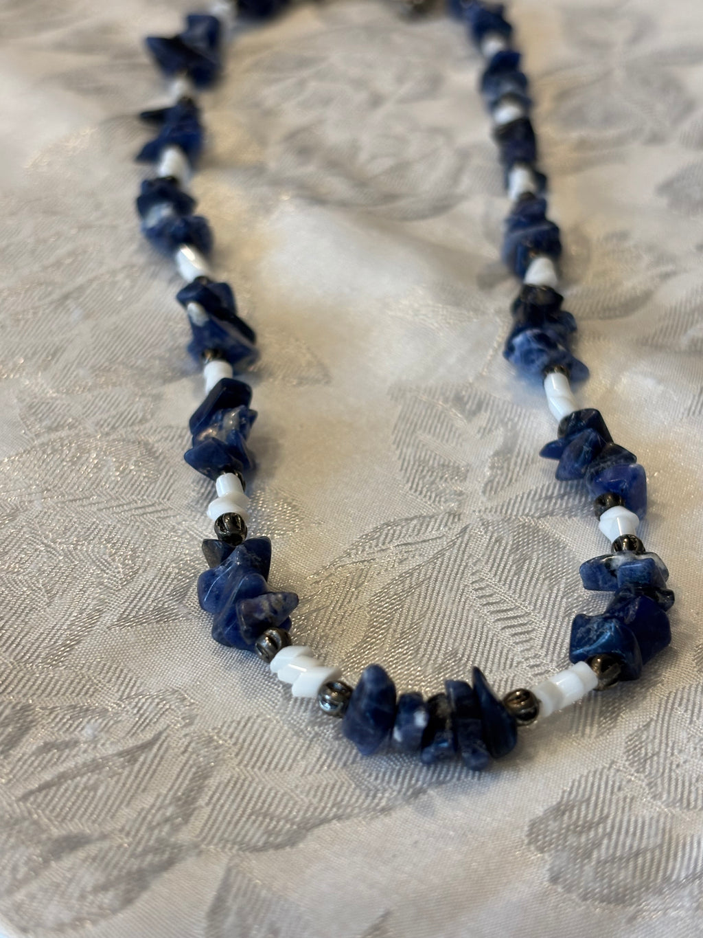 Lapis Lazuli Chip Necklace with Shell Spacer Beads, 17  Inch Blue Stone Necklace, Handmade Boho Coastal Jewelry
