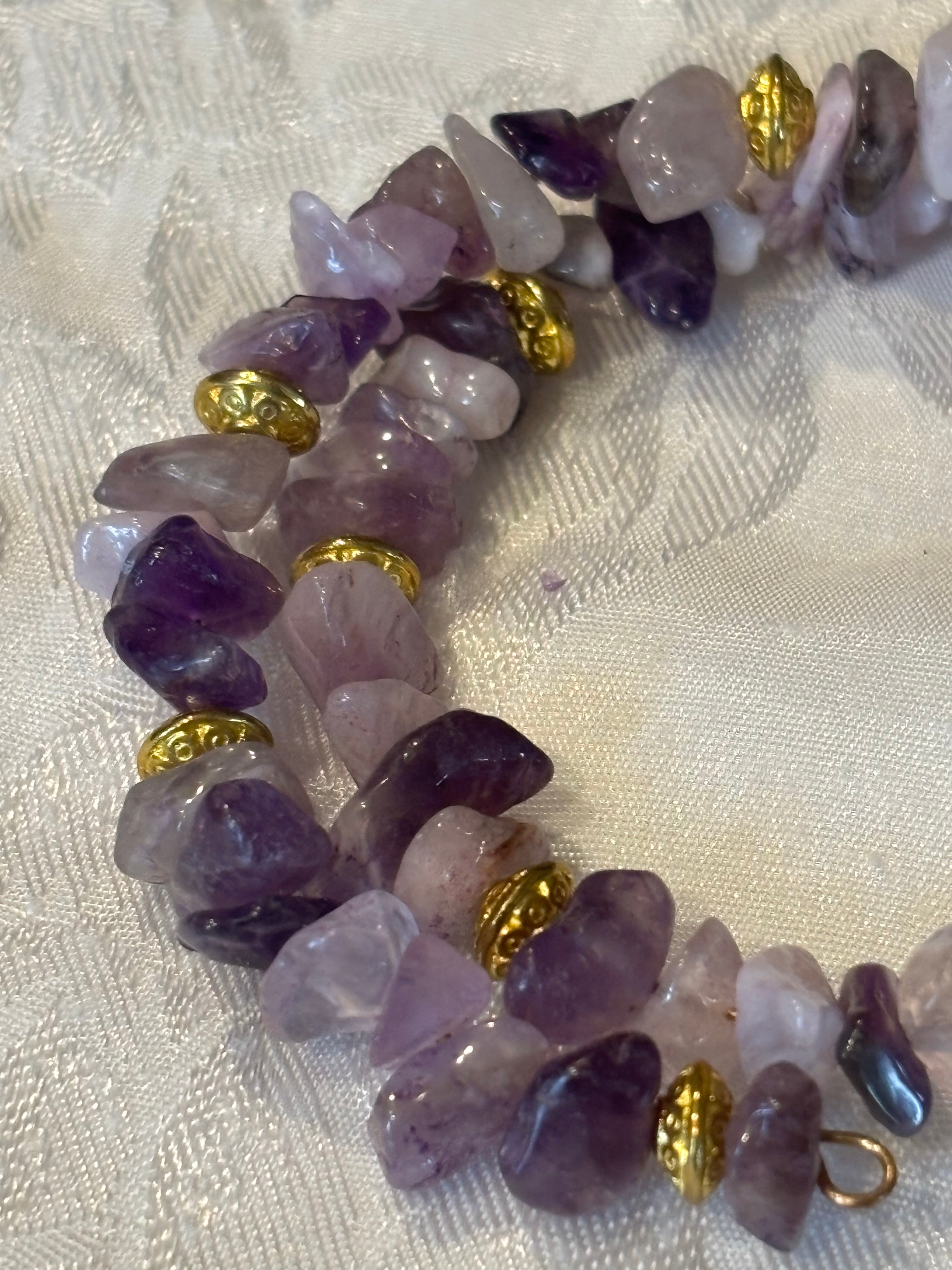 Amethyst Chip Wrap Bracelet with Gold Spacers, Purple Crystal Layered Bracelet, Boho Gemstone Jewelry