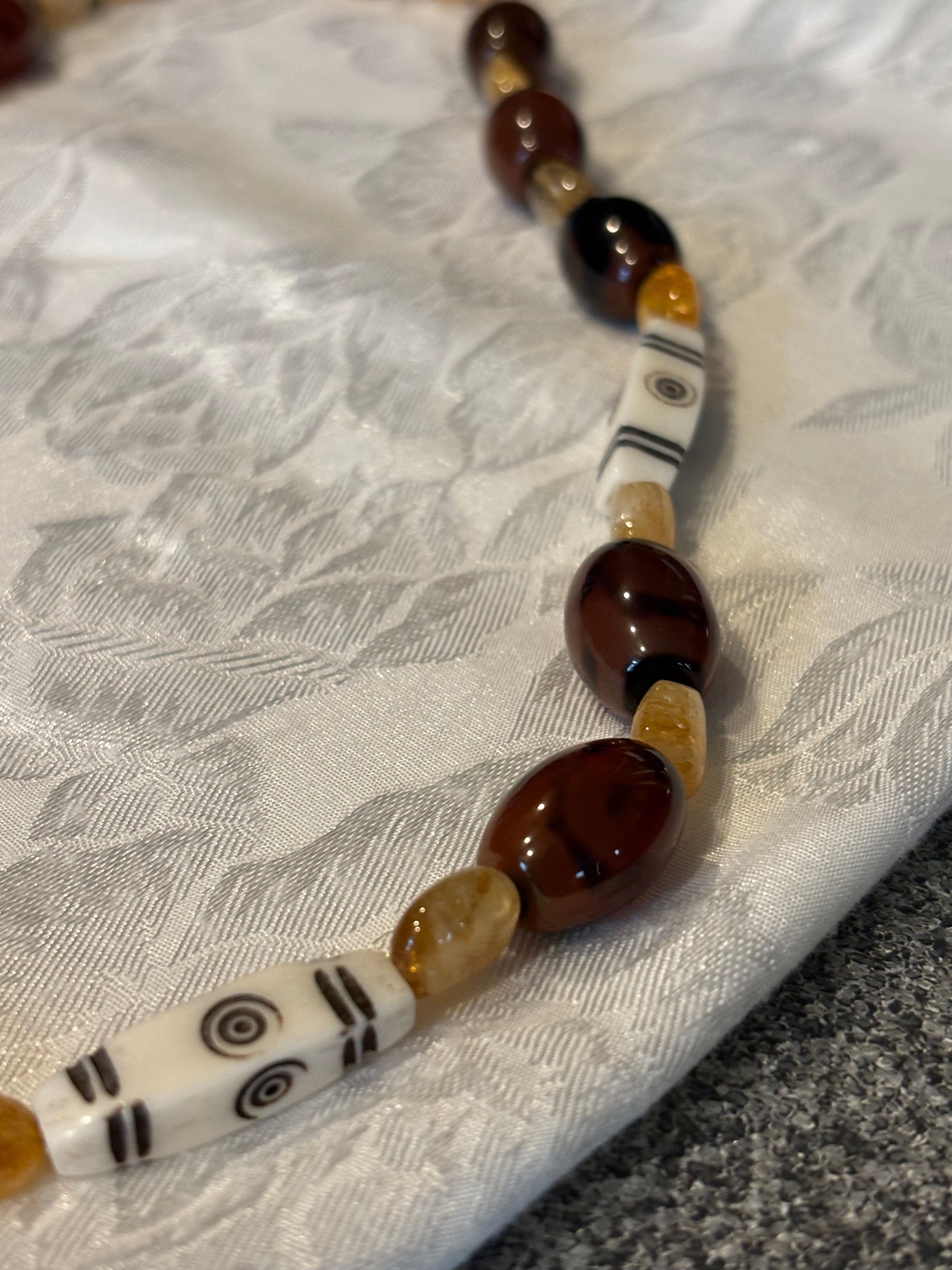 Rustic Citrine, Glass & Bone Necklace, 20 Inch Earthy Boho Statement Necklace, Handmade Artisan Jewelry with Toggle Clasp