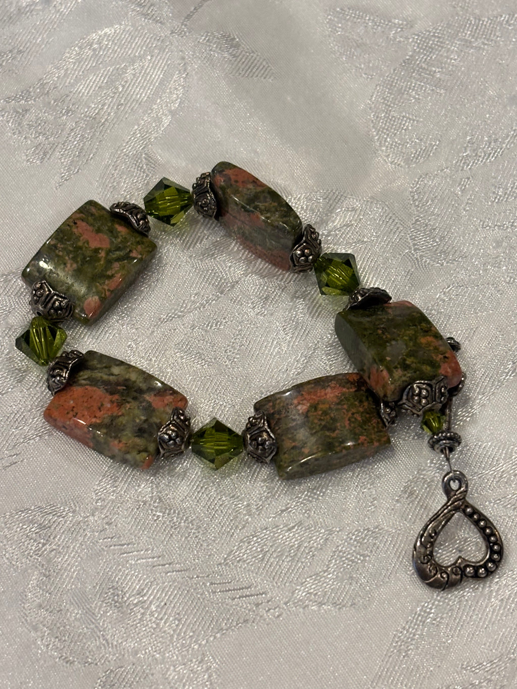 Unakite Jasper Bracelet with Olive Green Swarovski Crystals, 7 Inch Handmade Gemstone Bracelet, Rustic Earth Tone Inspired Gift