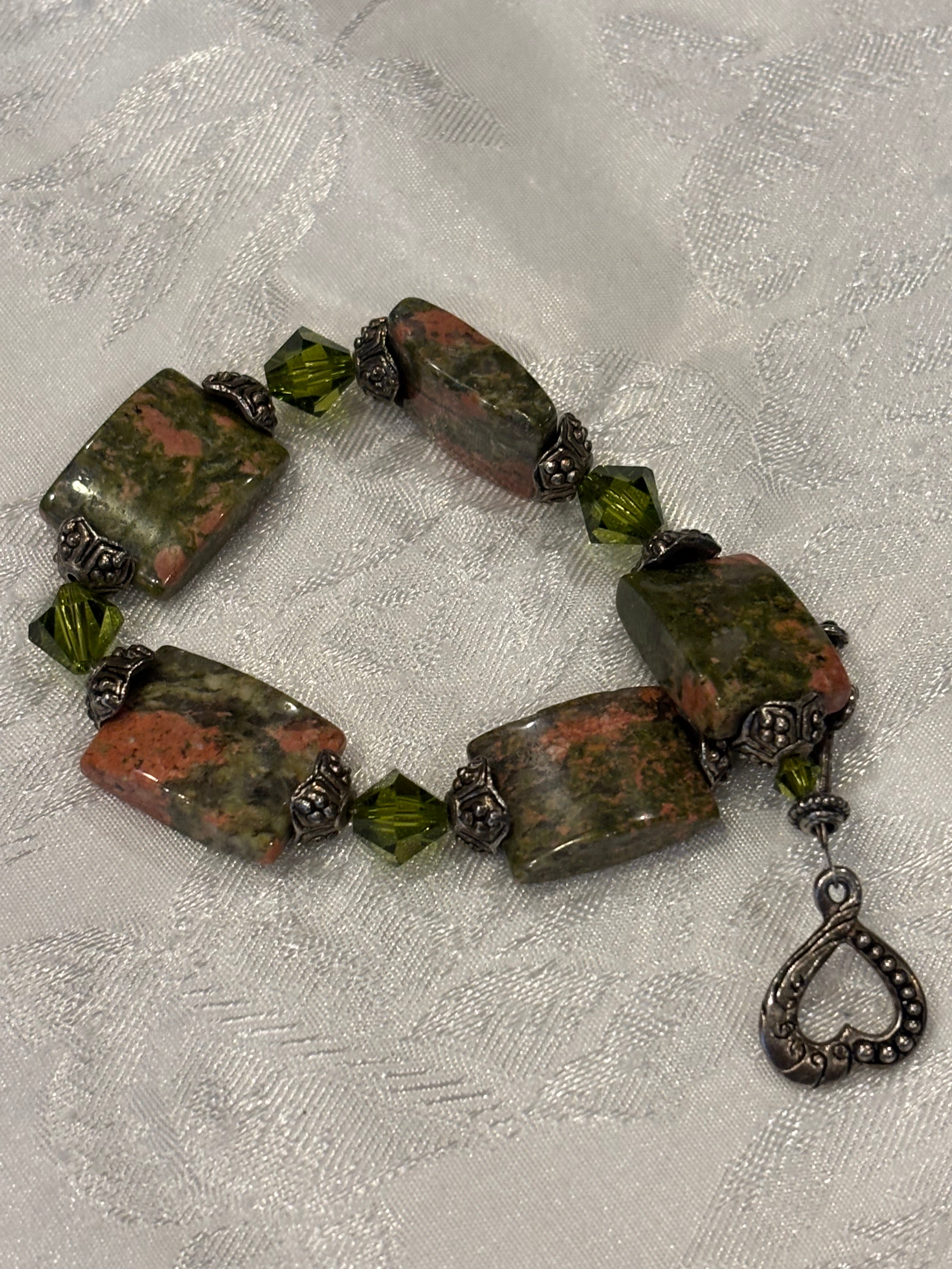 Unakite Jasper Bracelet with Olive Green Swarovski Crystals, 7 Inch Handmade Gemstone Bracelet, Rustic Earth Tone Inspired Gift