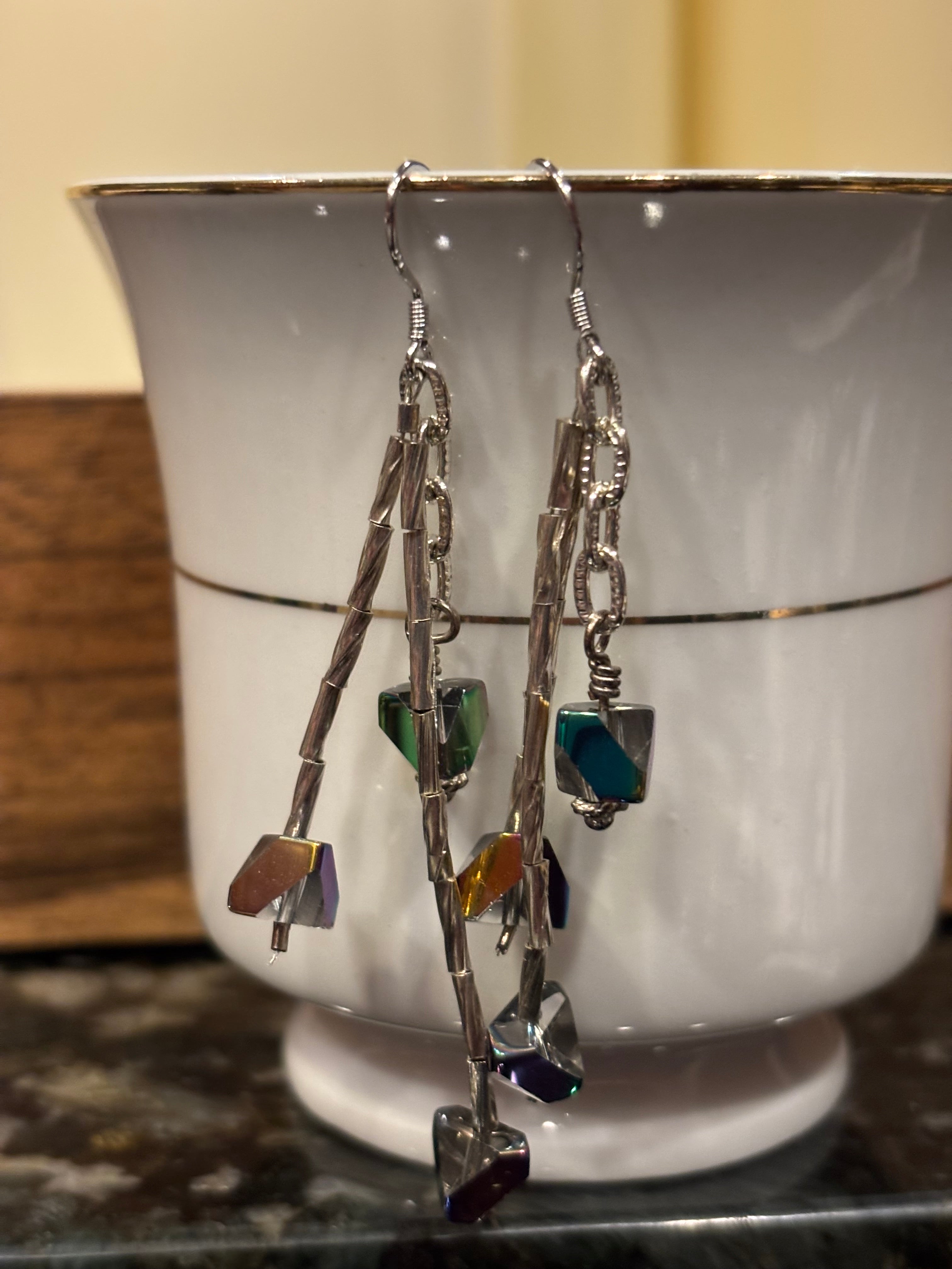 Brown Aurora Borealis Glass Dangle Earrings, Silver Tone Drop Earrings with Hex Cut Crystal Beads, Handmade Iridescent Statement Earrings