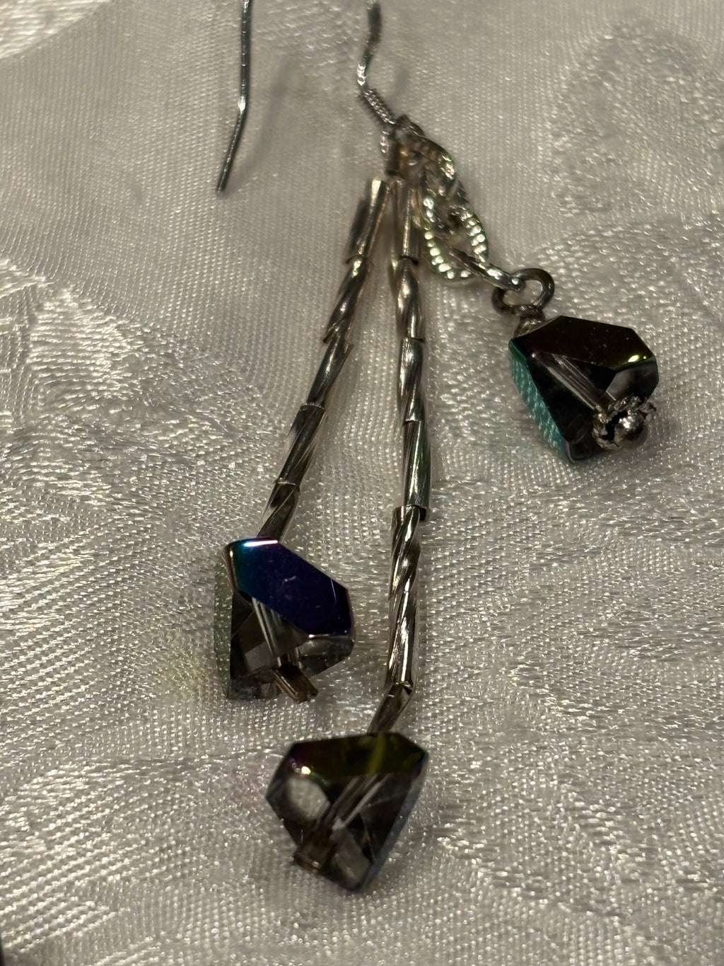 Brown Aurora Borealis Glass Dangle Earrings, Silver Tone Drop Earrings with Hex Cut Crystal Beads, Handmade Iridescent Statement Earrings