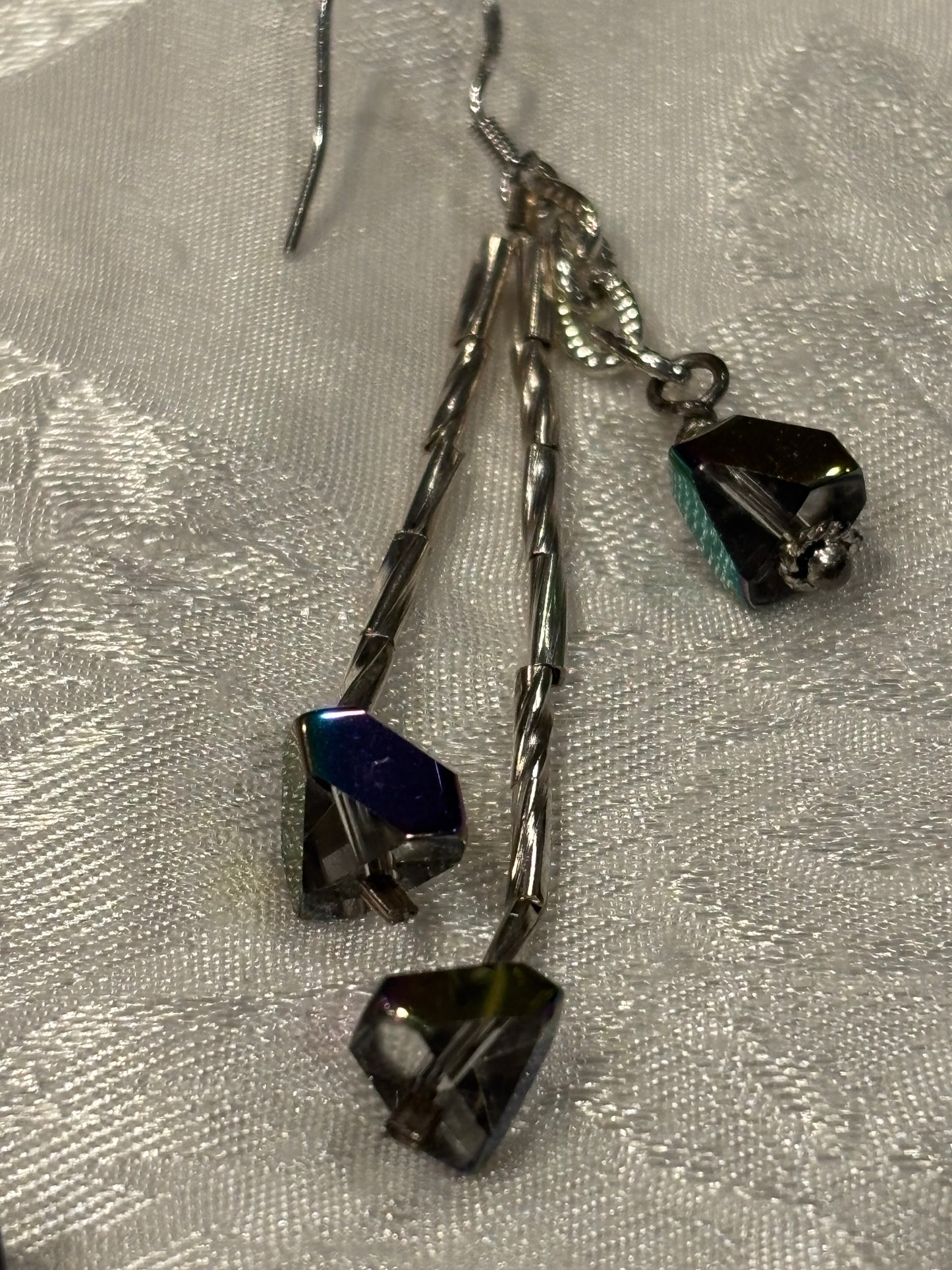 Brown Aurora Borealis Glass Dangle Earrings, Silver Tone Drop Earrings with Hex Cut Crystal Beads, Handmade Iridescent Statement Earrings