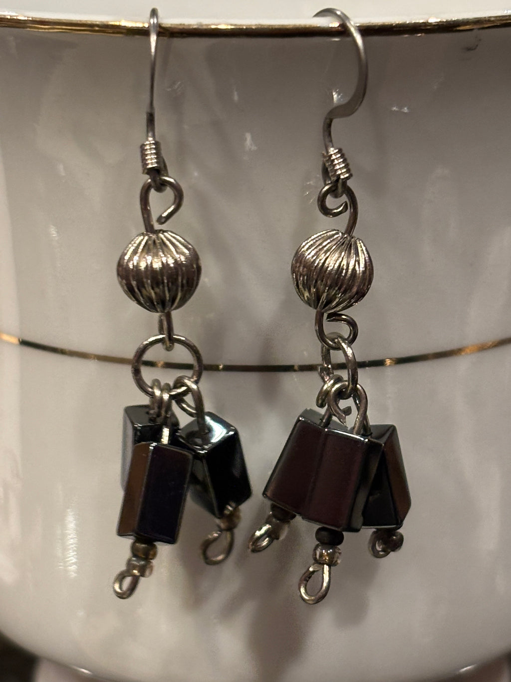 Hematite Dangle Earrings, Silver Tone Drop Earrings, Handmade Minimalist Jewelry, Modern Neutral Earrings, Gift for Her