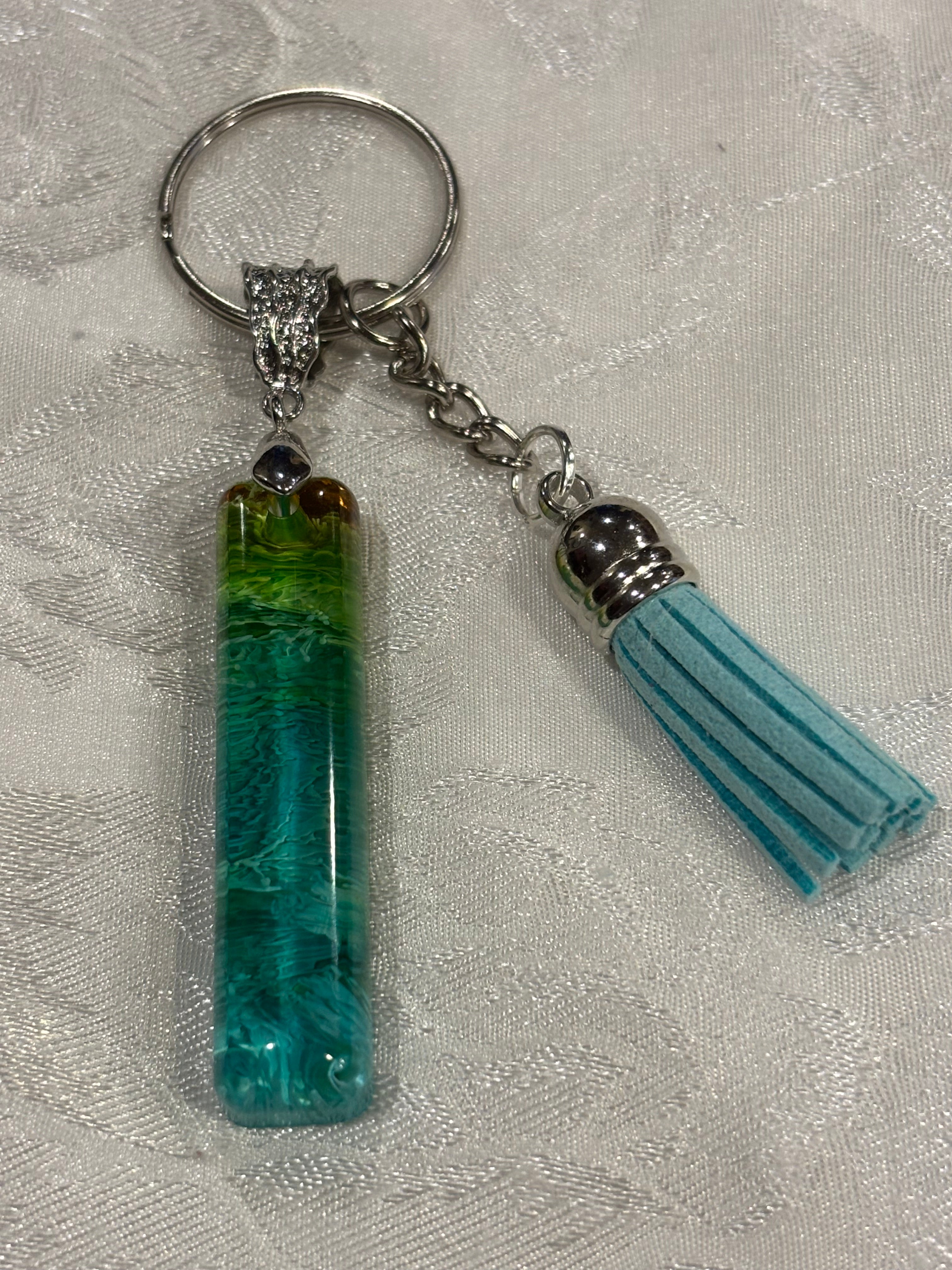 Handmade Resin Keychain with Petri Swirl Design, Green Blue Abstract Resin Keychain with Tassel, Unique Artisan Keychain Gift