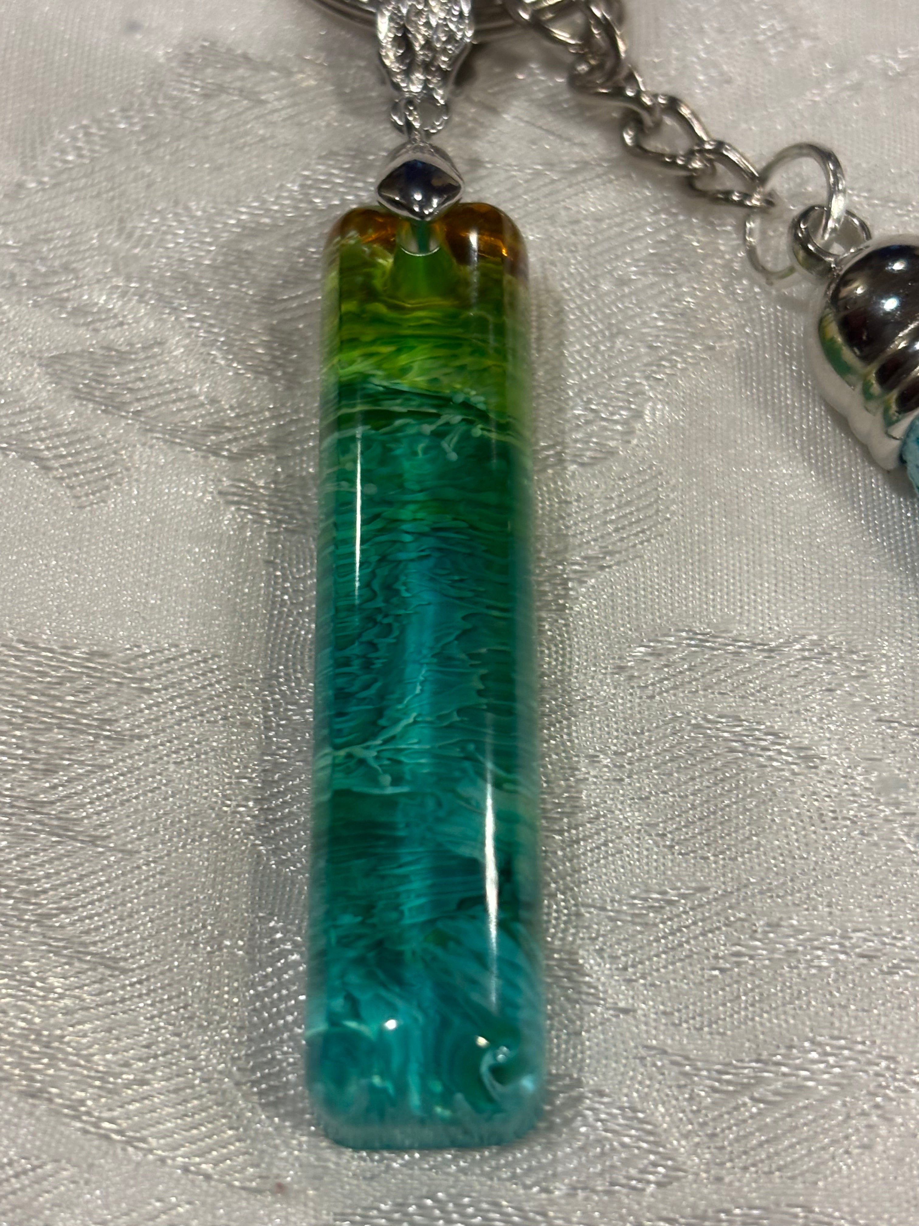 Handmade Resin Keychain with Petri Swirl Design, Green Blue Abstract Resin Keychain with Tassel, Unique Artisan Keychain Gift