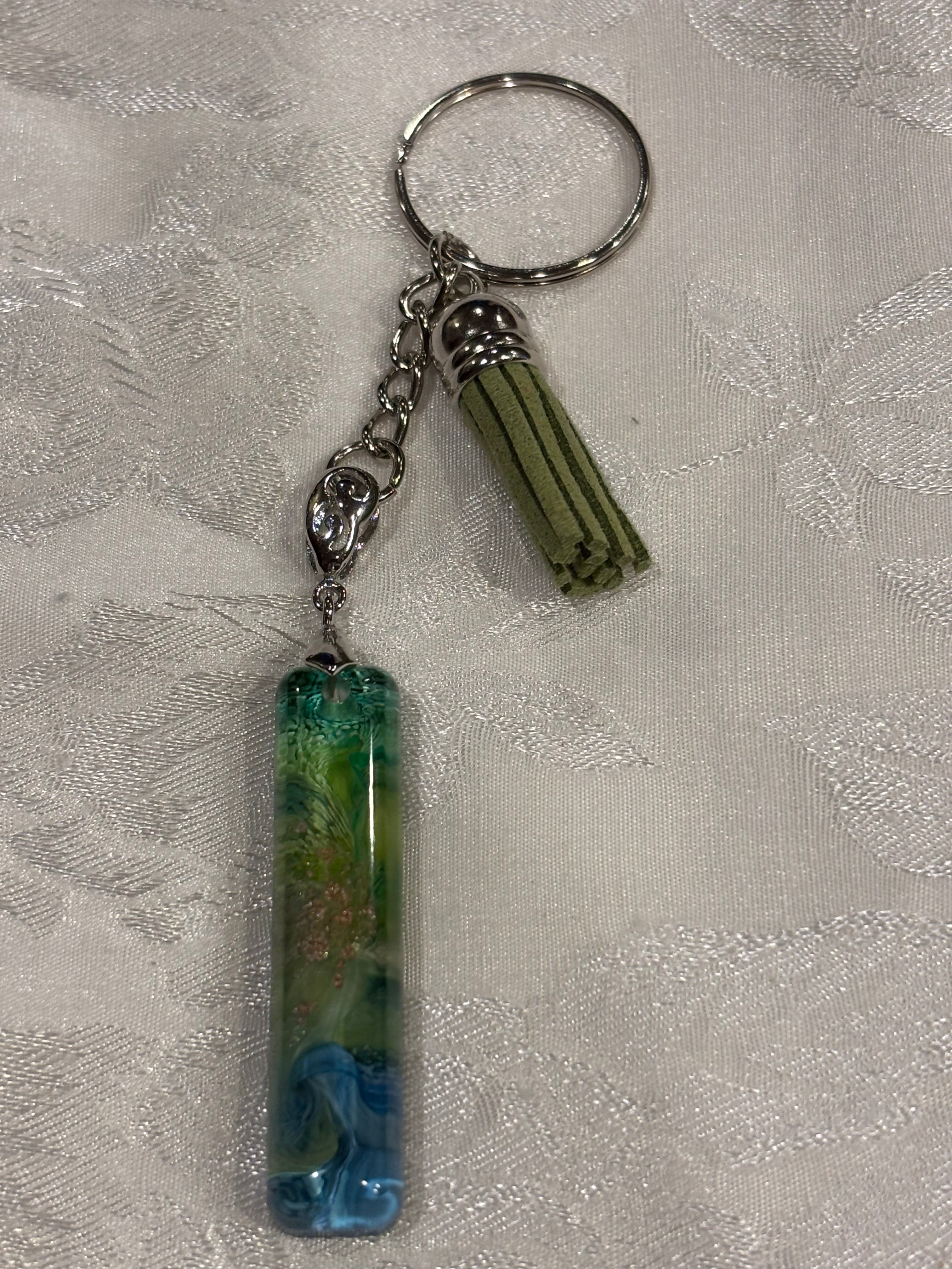 Handmade Resin Keychain with Petri Swirl Design, Green Blue Abstract Resin Keychain with Tassel, Unique Artisan Keychain Gift